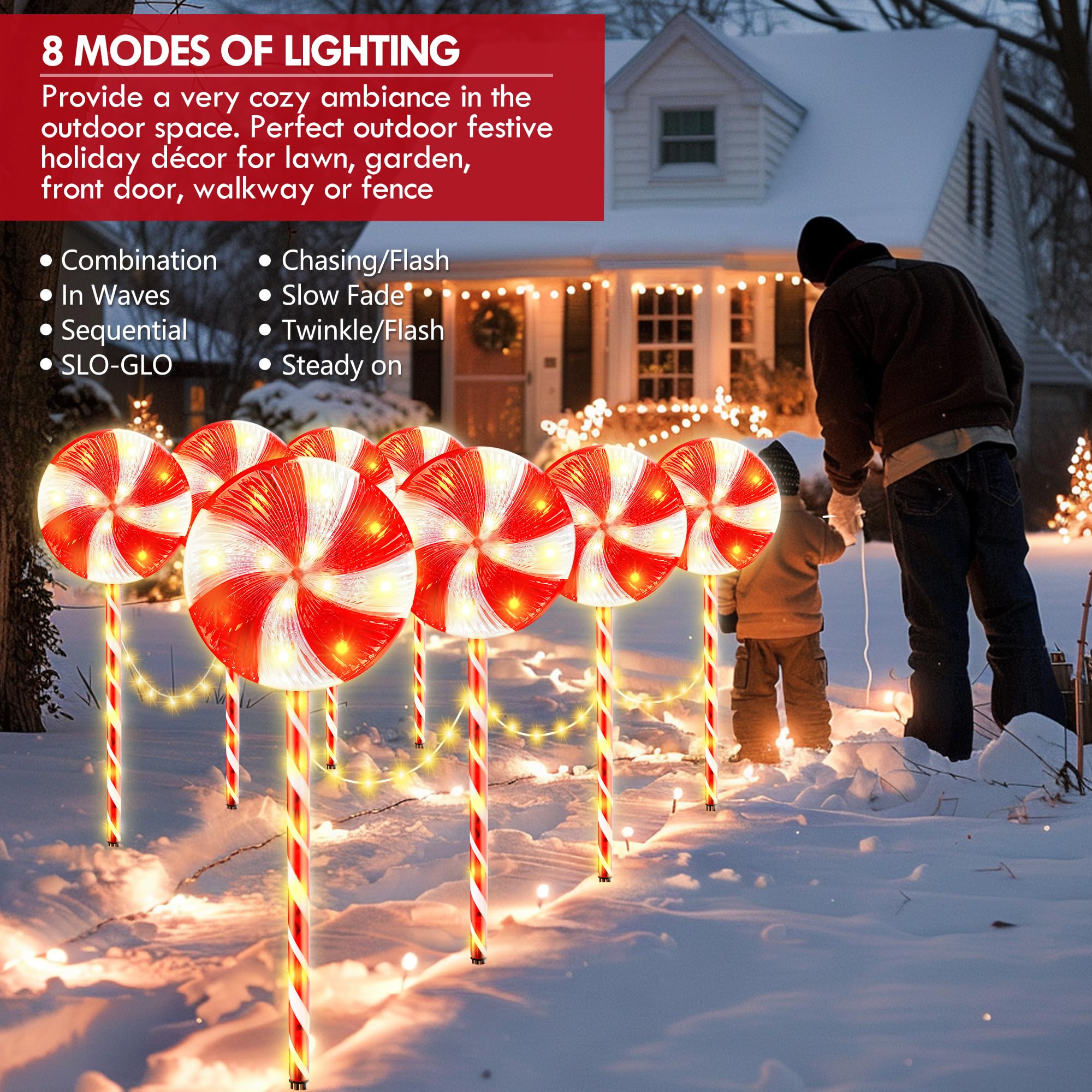 8PK 28inch 230LED 8 Modes Christmas Lollipop Pathway Light Outdoor Christmas Decorations Flickering Outdoor Christmas Pathway Li