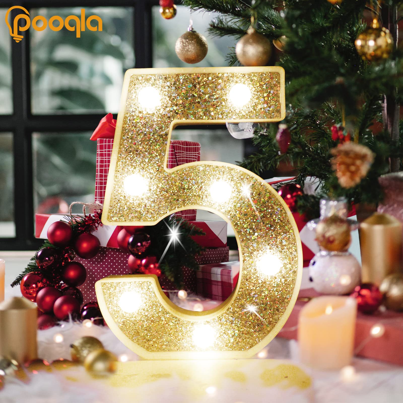 Pooqla Silver Number 8 Marquee Lights, Glitter Battery-Powered Night Light for Christmas, Weddings, and Parties