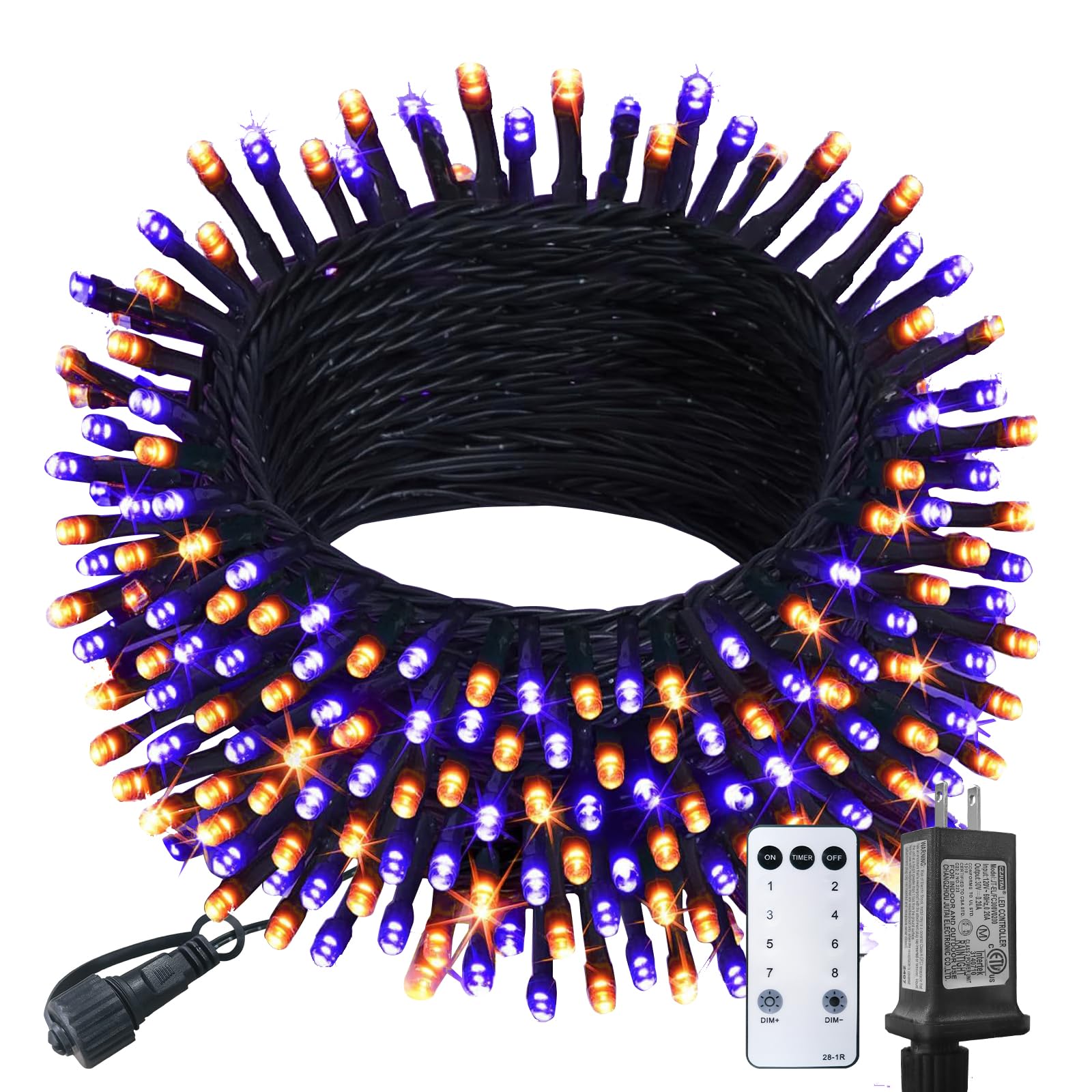HeKation 300LED Twinkling Christmas String Lights, 100FT, Purple and Orange, Remote Control, 8 Modes, Model BD-300-L-P+O-C