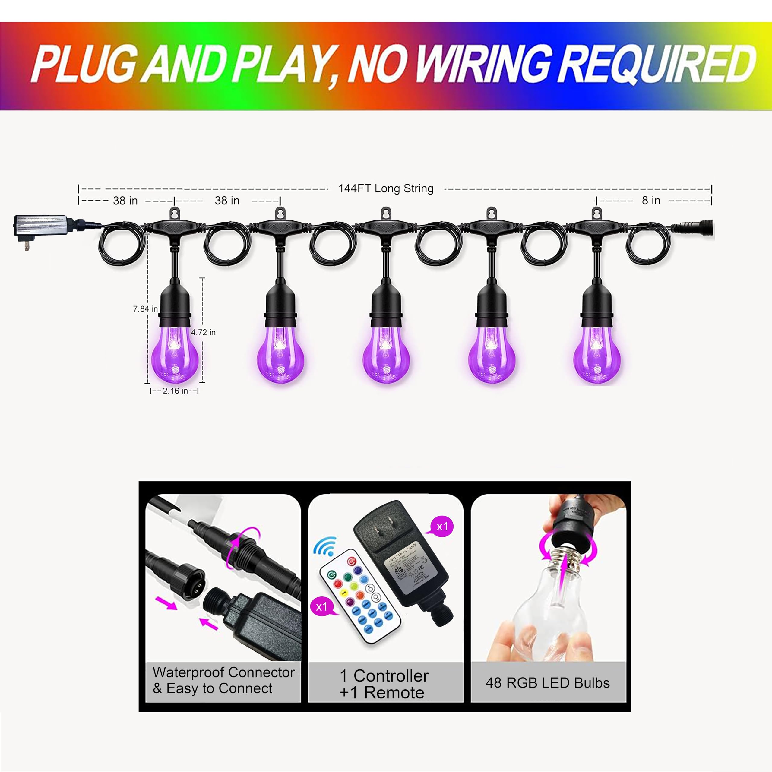 Ipstank Outdoor Patio Lights Color Changing, 144Ft Rgb Led String Lights With E26 Shatterproof Edison Bulbs, Dimmable Patio Stri