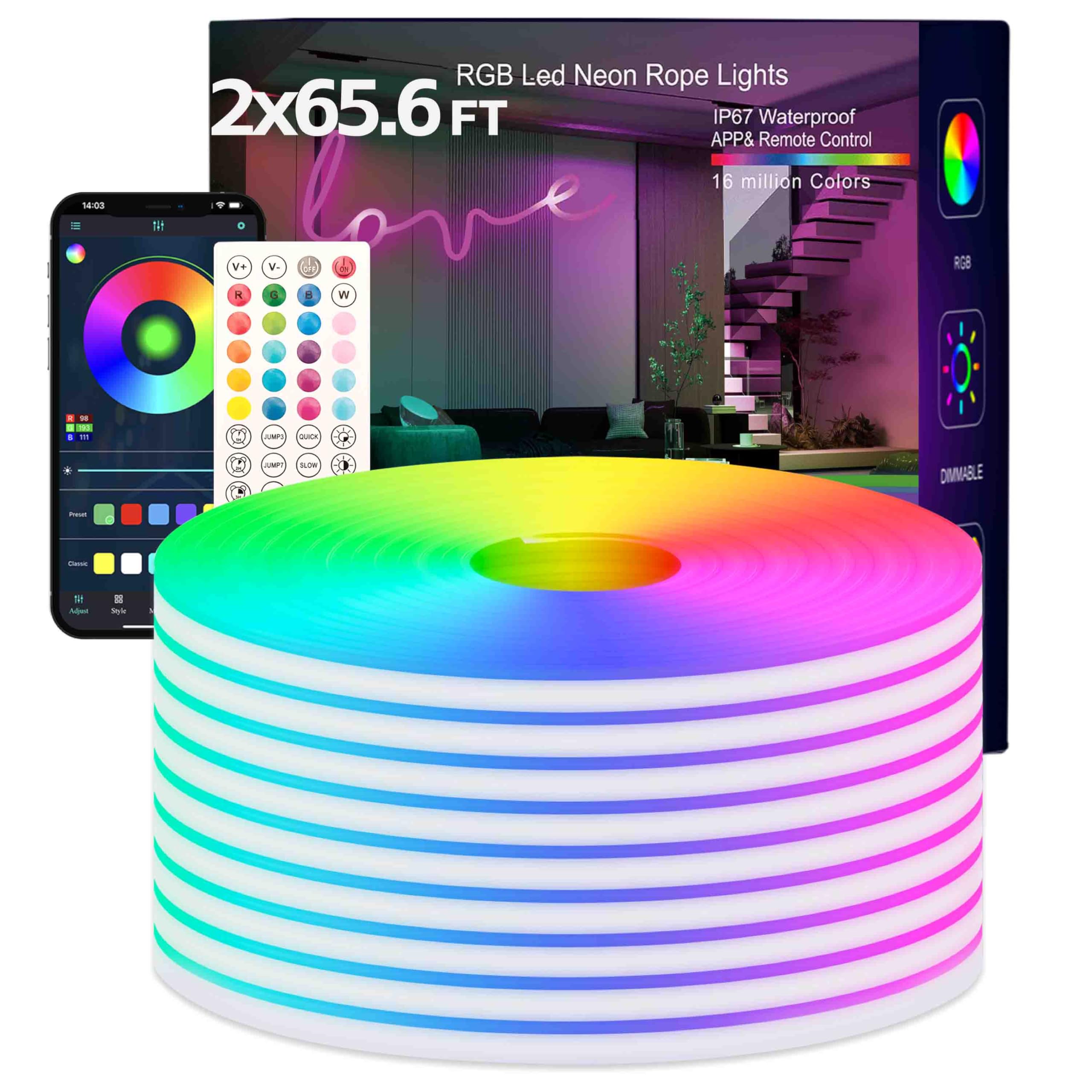 TFZBA Led Strip Lights, RGB 130FT Neon Rope Lights for Bedroom App+Remote Control Music Sync Color Changing Outdoor IP67 Waterpr
