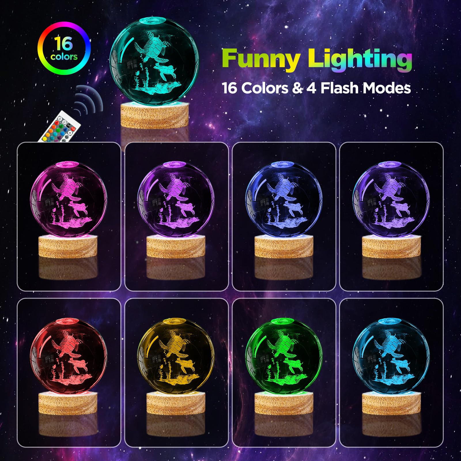 3D Sea Turtle Crystal Ball Night Light 3.15 Inch Turtle Glass Ball Lamp With 16 Color Changing Wooden Base And Remote Turtle Fig