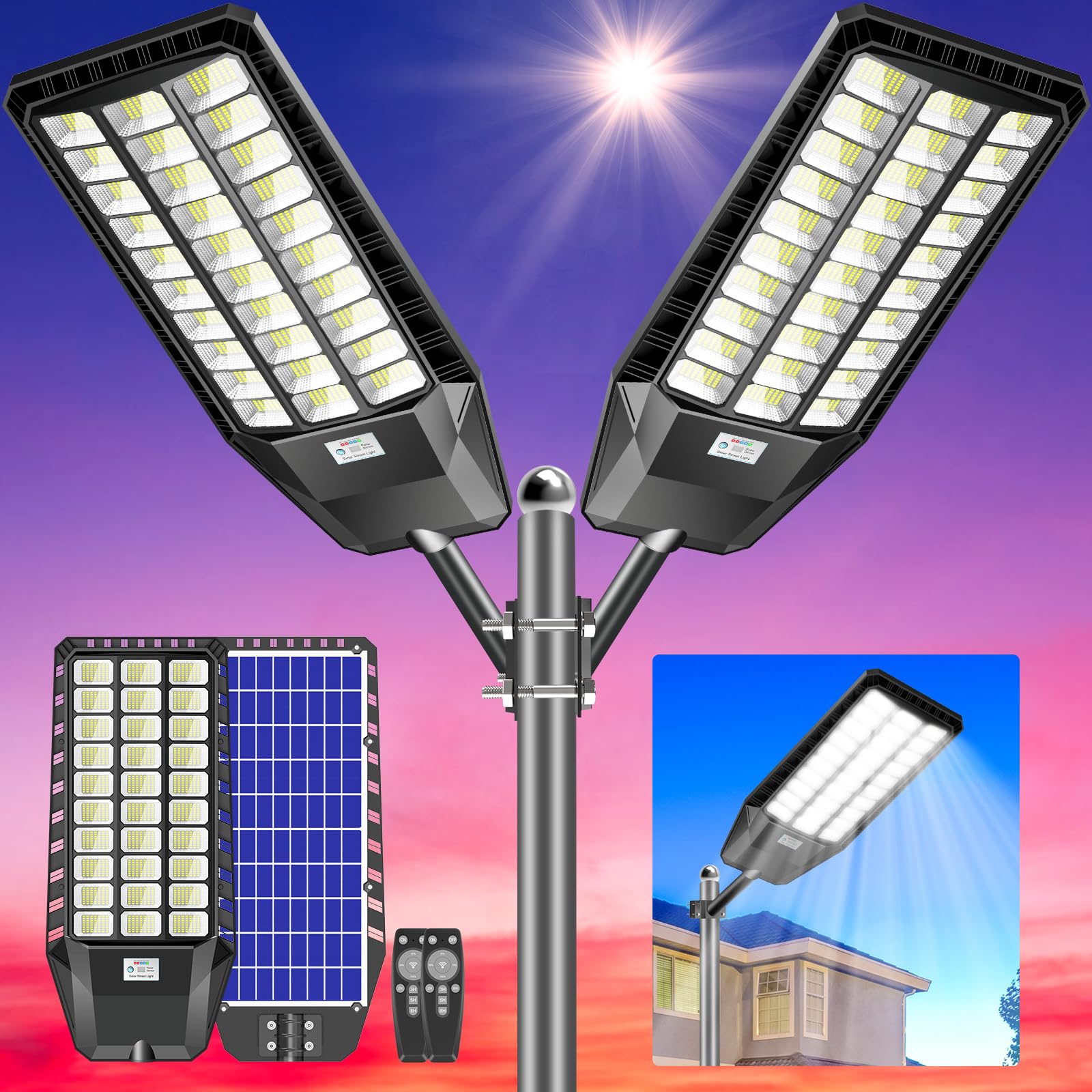 Cedio Solar Street Lights 8000W, 460000 Lumens, Waterproof, Motion Sensor, 2 Pack