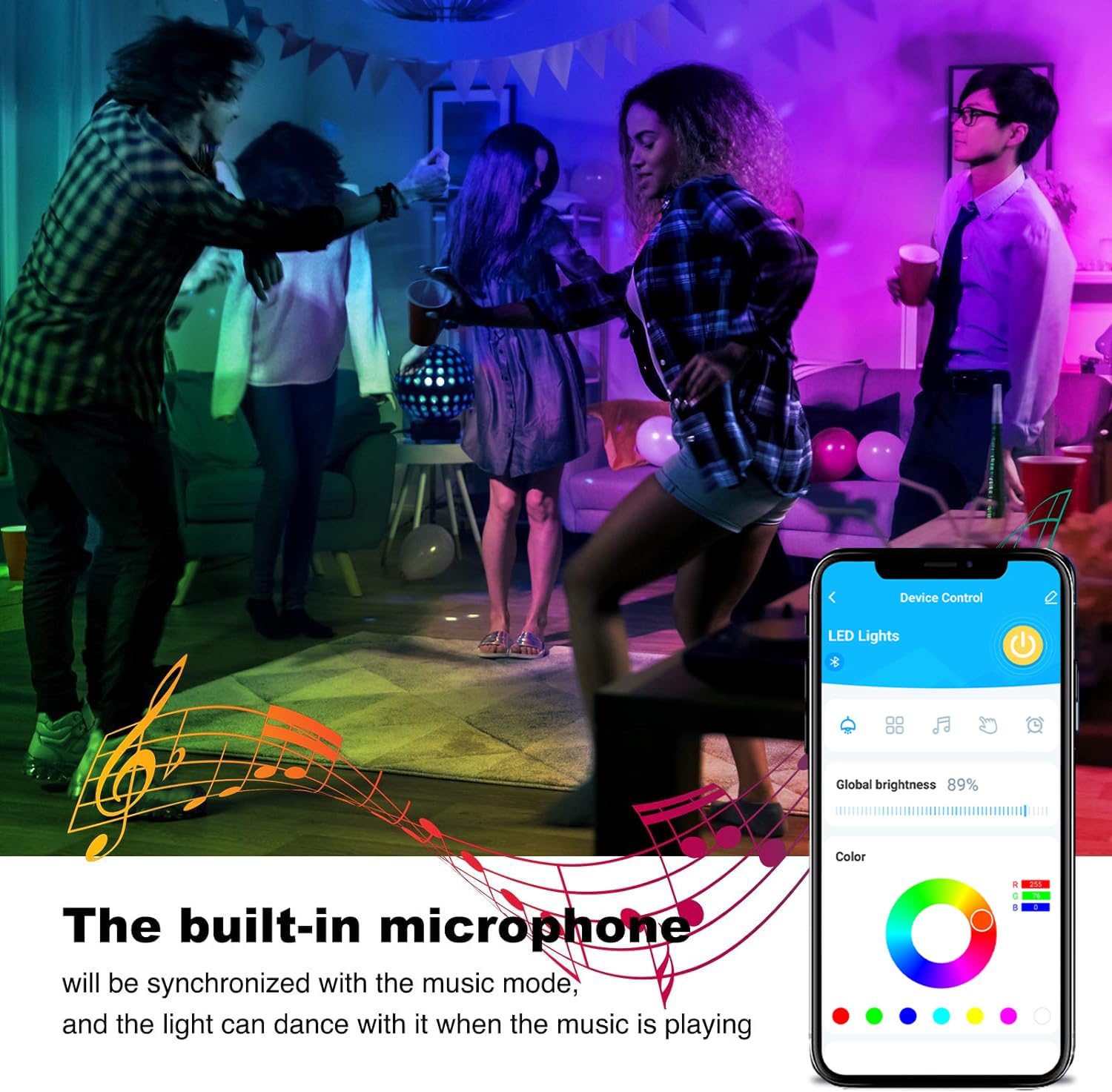 DAYBETTER RGB LED Music Strip Lights Kit, 60ft (2 Rolls of 30ft), Bluetooth Control, Multi-Color, Model FLSLB5031802RGB-DBUS