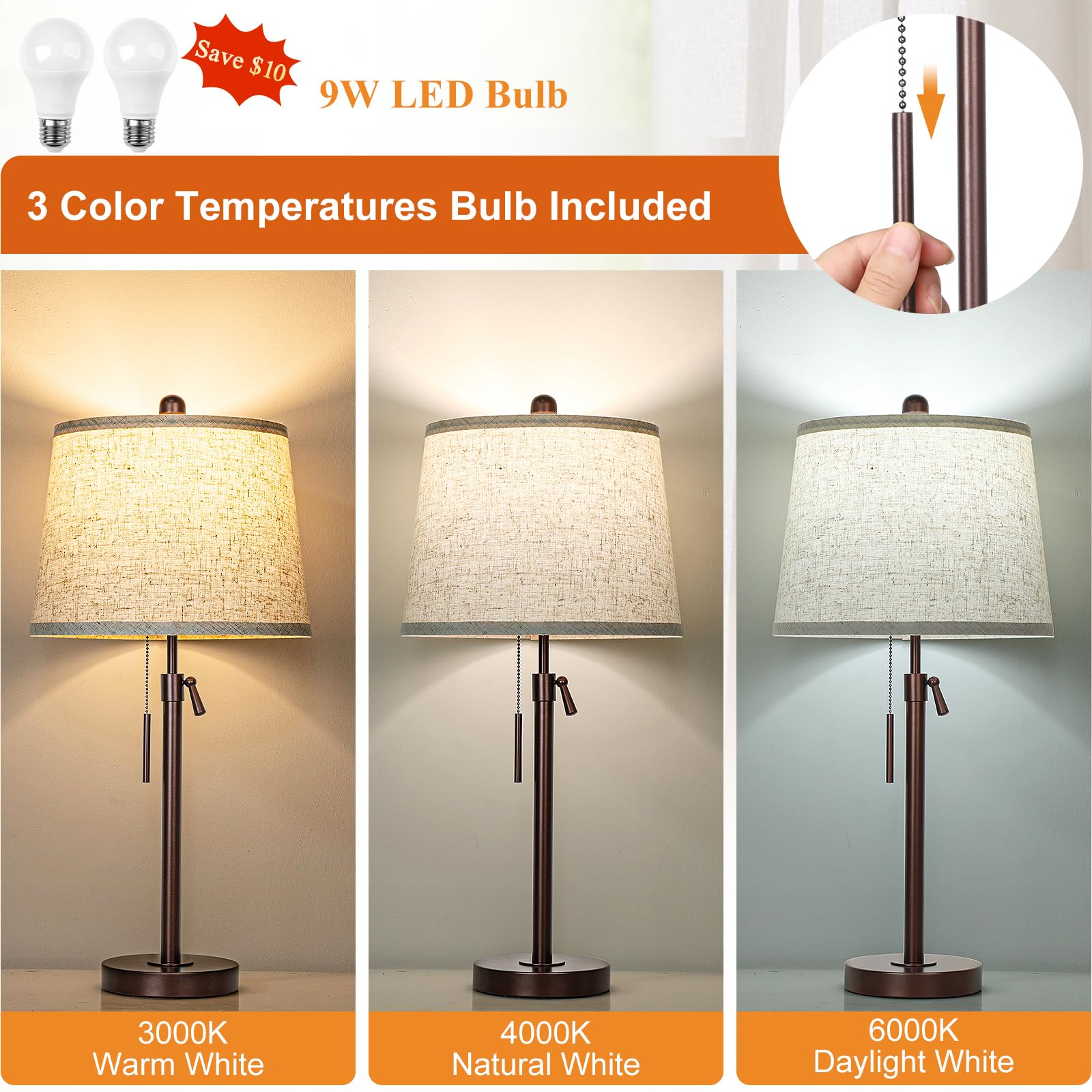 Table Lamps Set Of 2, 22" To 30"Adjustable Height Bedside Lamps For Living Room 3 Color Temperatures Tall Nightstand Lamps Modern Brown Table Lamp For Bedroom Office End Table (Bulbs Included)
