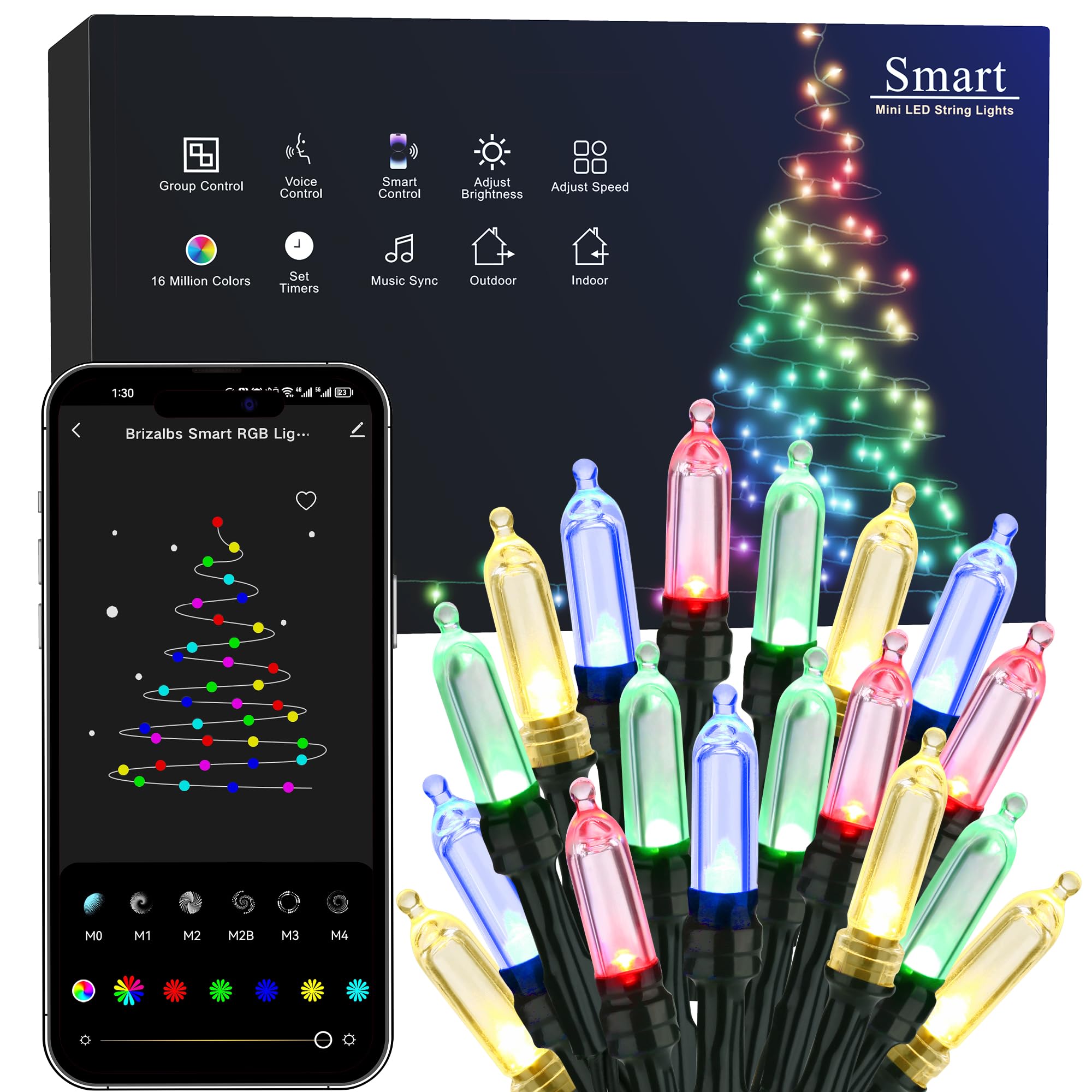 Brizled Smart Christmas Lights, 65ft, 198 LED, RGB Color Changing, WiFi App Control, Weather-Resistant, Model JT-EL/FC300V0300-H10