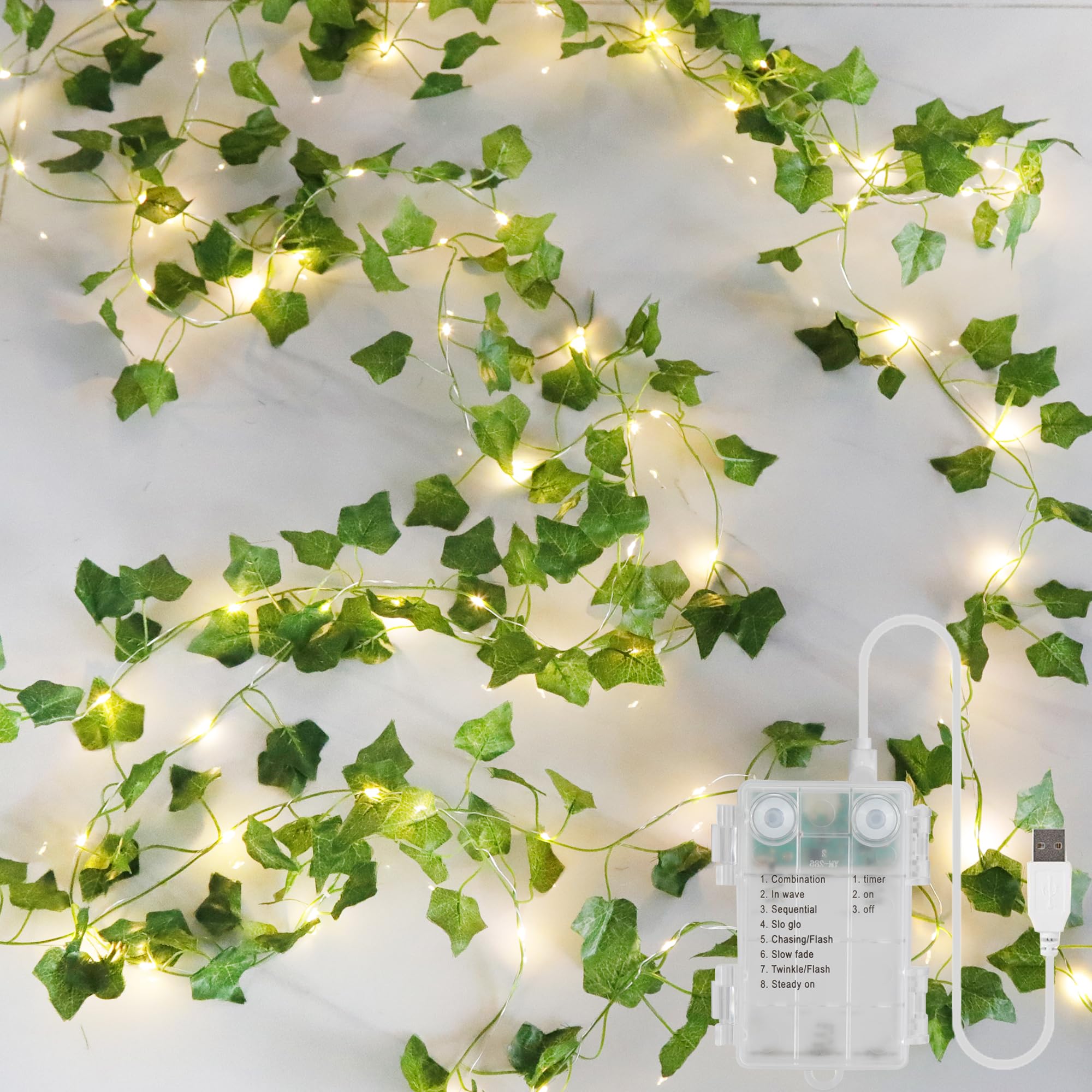 YOUNGAR Ivy Vines with Fairy Lights Leaf String Warm White Lights Battery/USB Operated 23FT 73LED Compatible for Bedroom Wall Room Wedding Birthday Garden Party Wall Room Decor