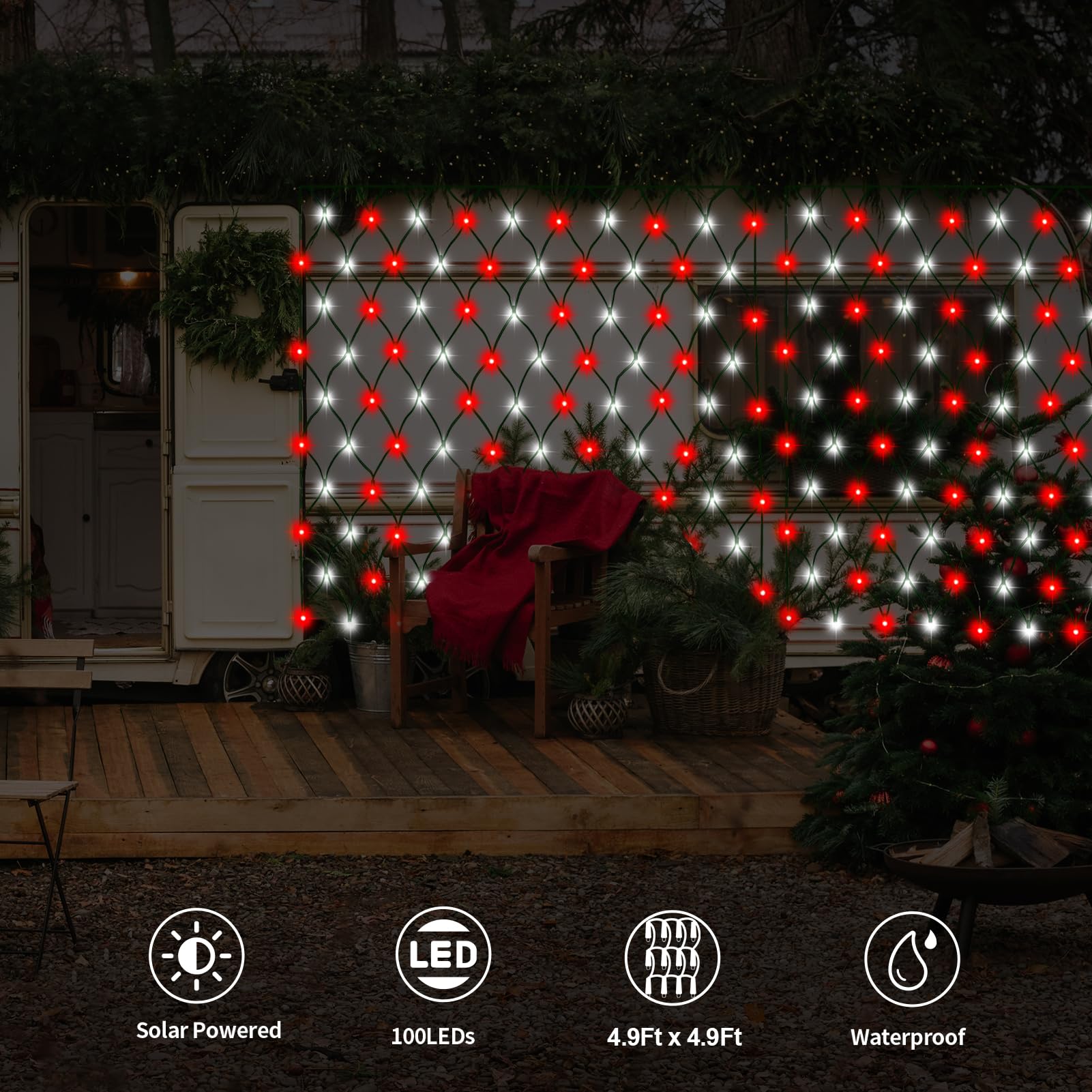 Solar Powered Led Net Lights 5Ft X 5Ft, 100 Leds - Red White Christmas Candy Cane Net Lights, 8 Modes For Outdoor Decoration