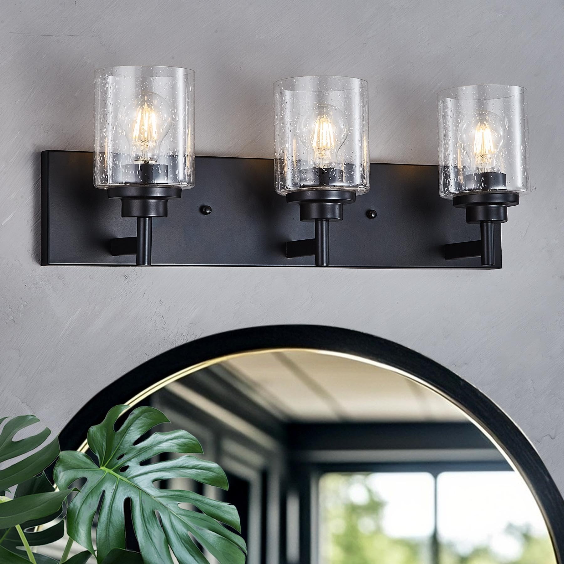 landskylite Black Bathroom Vanity Light Fixture, 24 3-Light | Seeded Glass Shades, Oversized Backplate, Offset Wall Mount - Farm