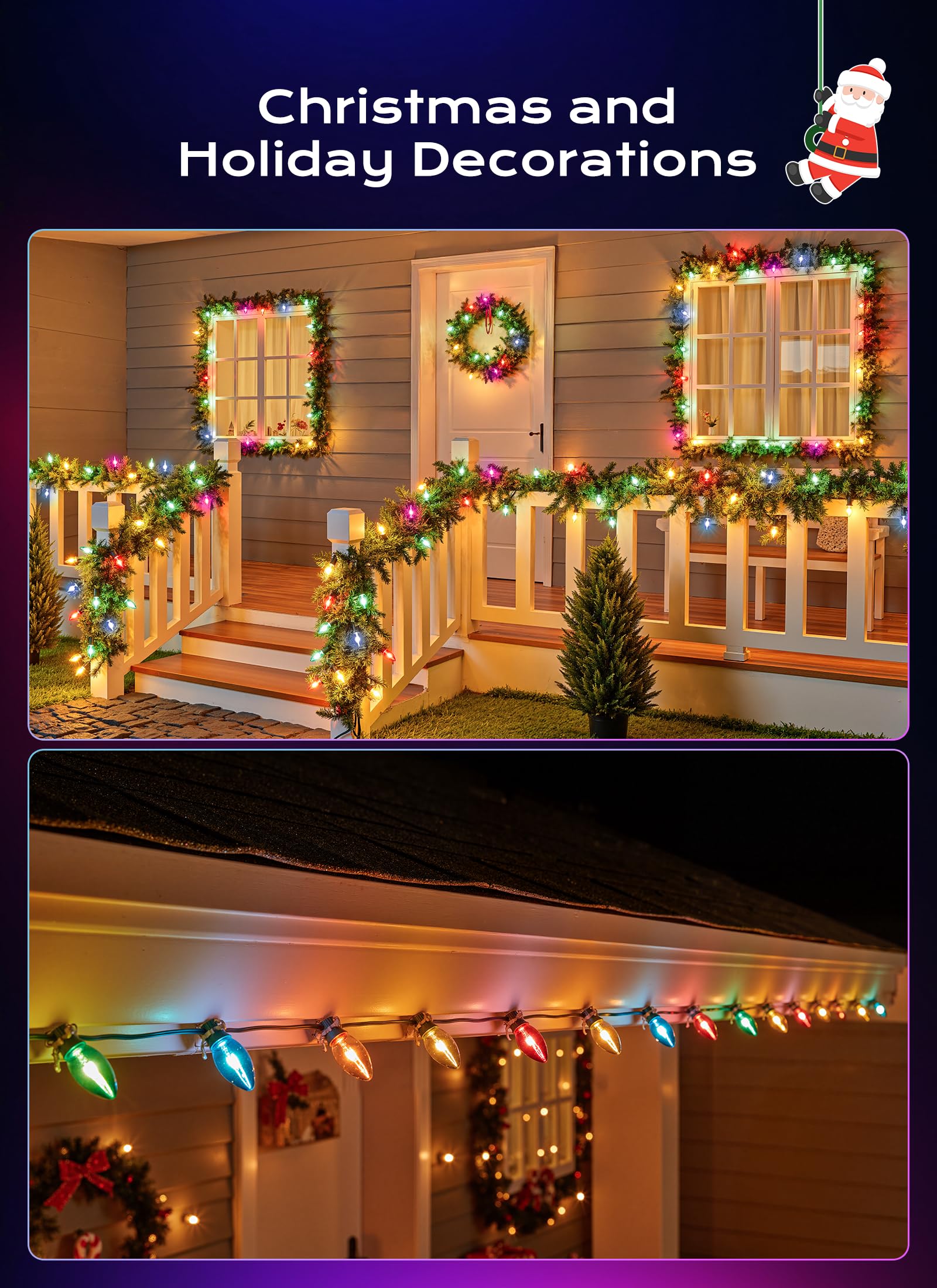 C9 Led Christmas Lights Outdoor  100 Ft 100 Colored Bulbs Vintage C9 Connectable String Lights For Christmas Tree Roofline Patio Garden Backyard Holiday Party Indoor Outdoor Decoration  Green Wire