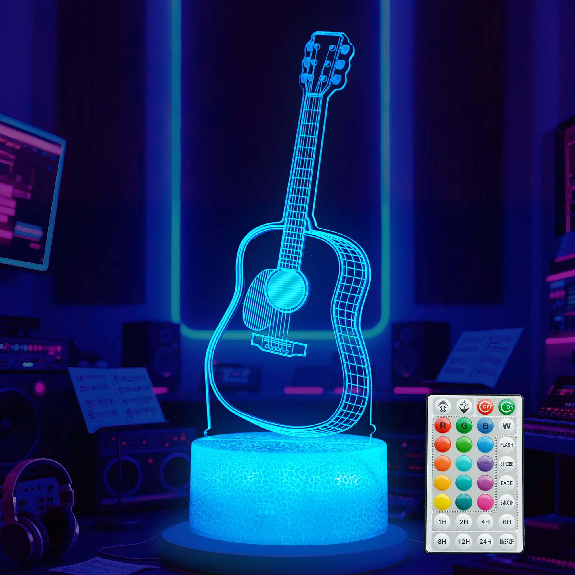 Posshe Guitar Night Light  Guitar Gifts  3D Illusion Night Light With 16 Colors Changing  Remote Control With Timer  Kids Room Decoration For Holiday Birthday Christmas