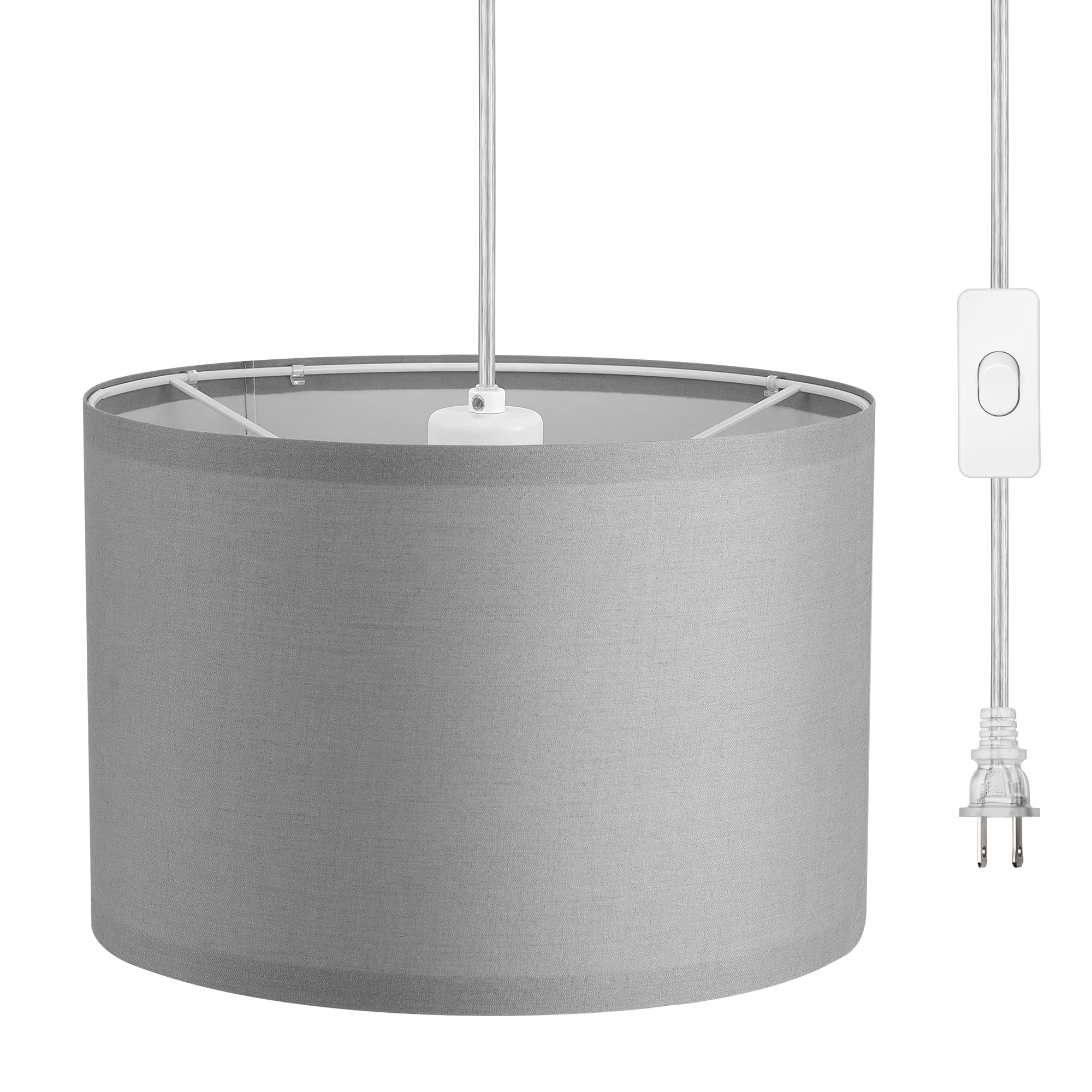 DEWENWILS Plug in Hanging Light, Hanging Light with 15Ft Clear Cord, On/Off Switch, with Light Grey Fabric Lampshade, Hanging Li
