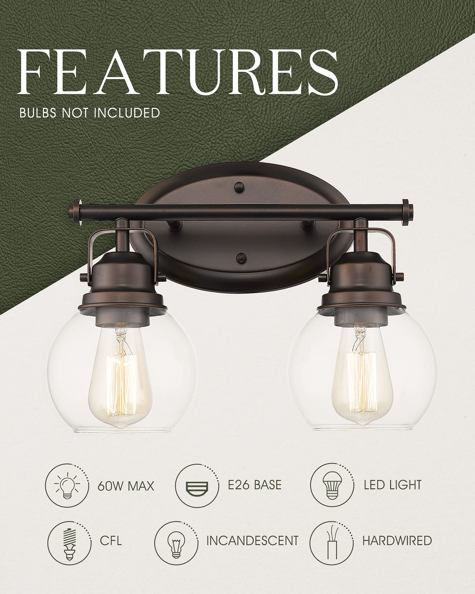 Audickic Farmhouse Vintage Bathroom Vanity Light, 2-Light Wall Mount Lighting Sconce Over Mirror, Oil Rubbed Bronze Finish and C