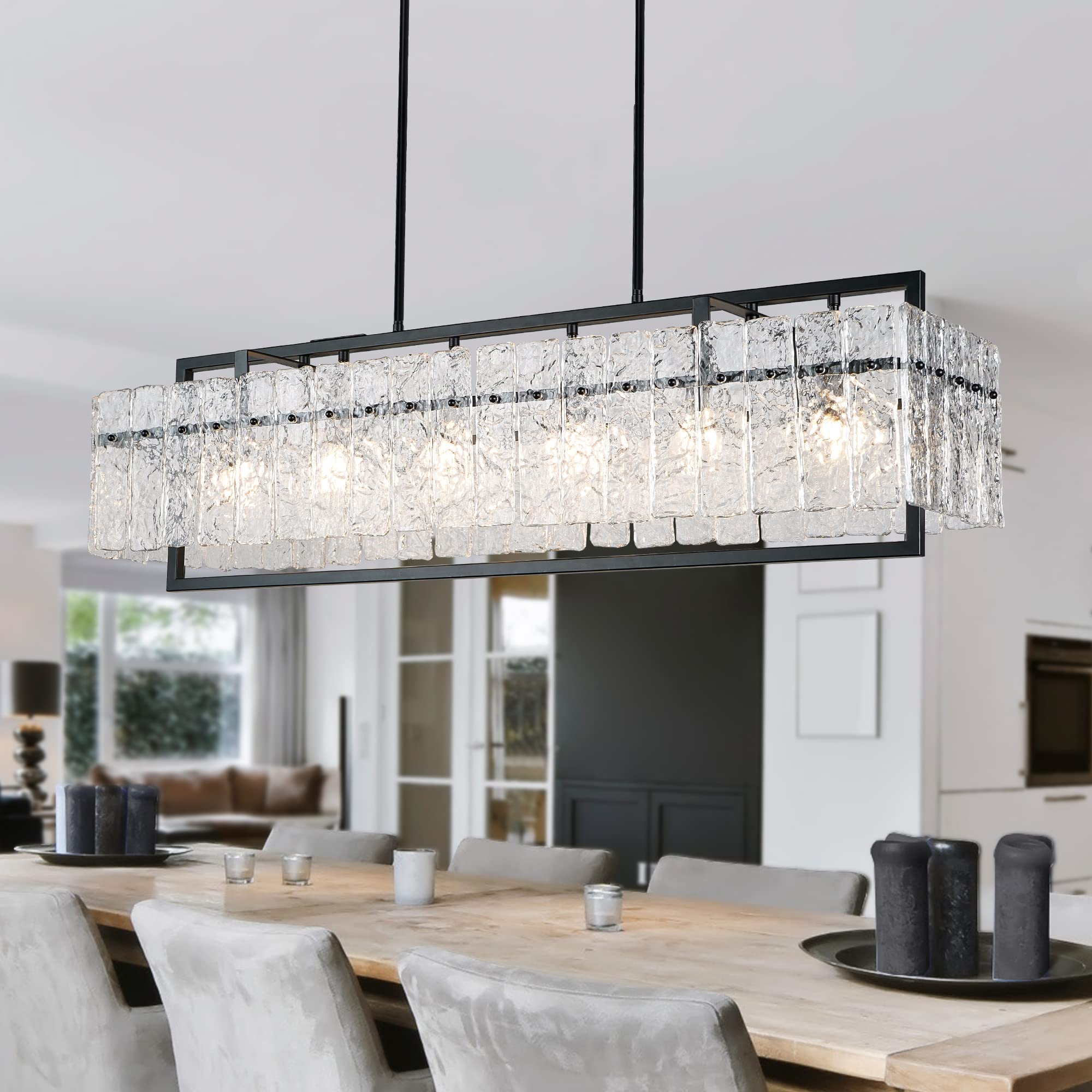 Modern Rectangle Black Crystal Chandeliers for Dining Room, 42'' Large Rectangular Water Ripple Glass Island Light Fixture, Line