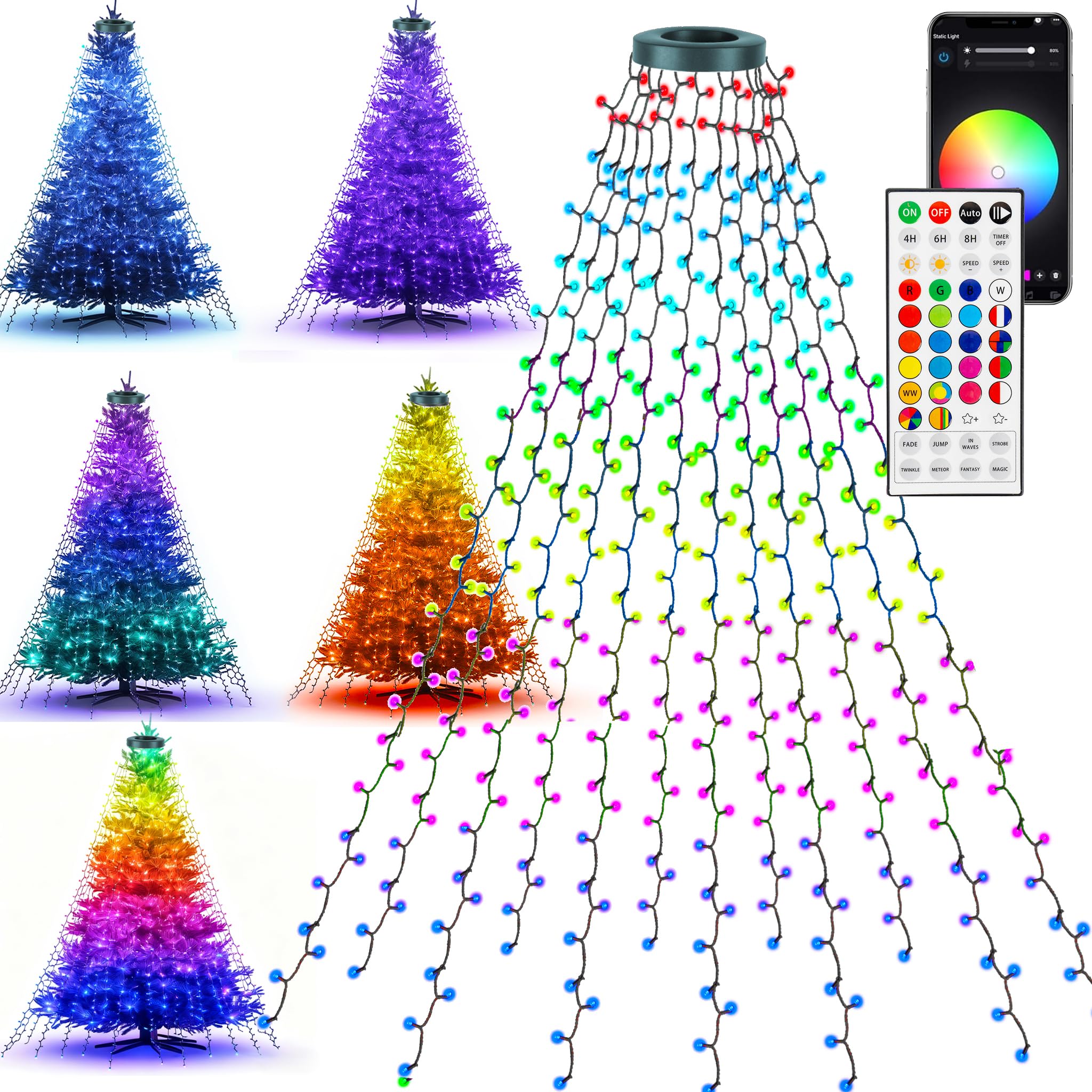 Dazzle Bright Smart Christmas Tree Lights  448 Led Color Changing Waterfall Tree Topper Lights With Remote & App  8.2Ft X 16 Lines Rgb Christmas Light For Indoor Outdoor Party Xmas Decoration
