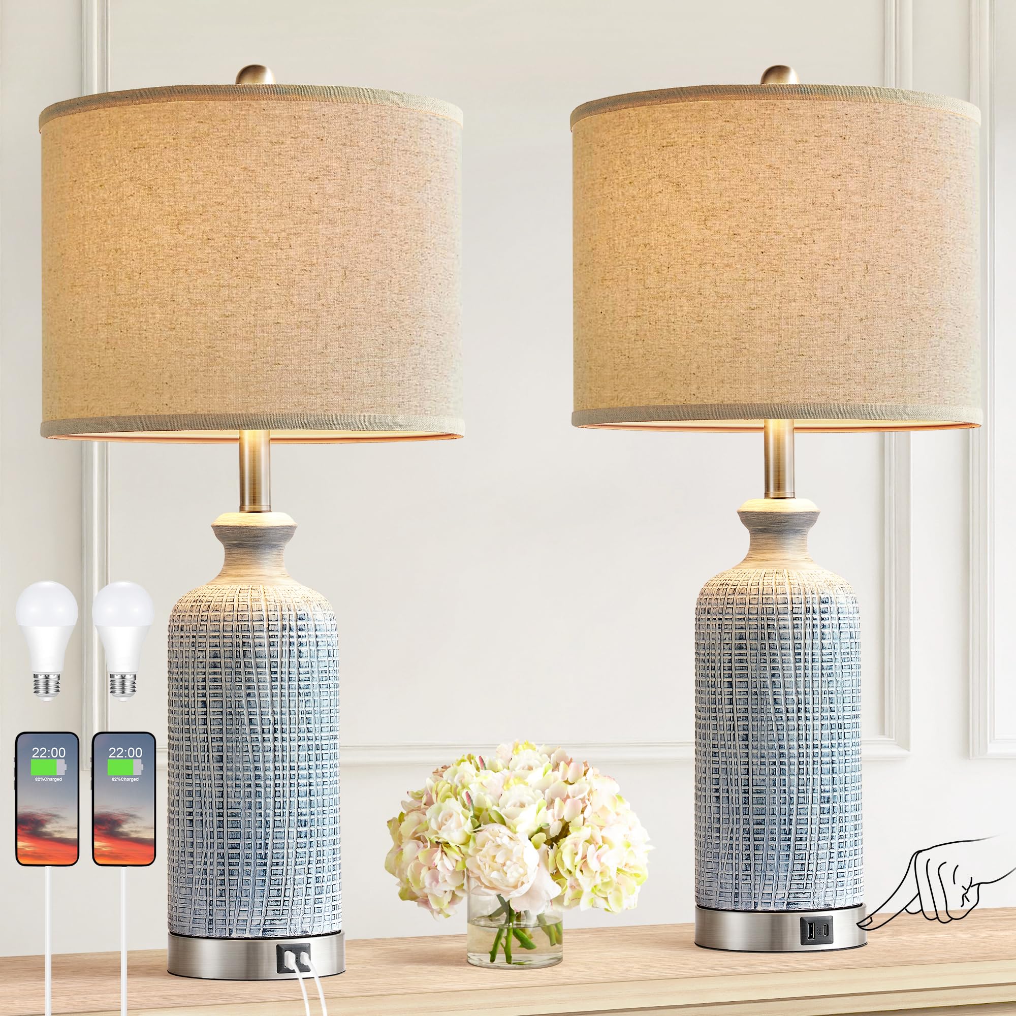 Ireliare Living Room Lamps Set of 2, 27'' Touch Lamps for Nightstand with USB A+C Ports, Modern Farmhouse Table Lamps for Bedroo