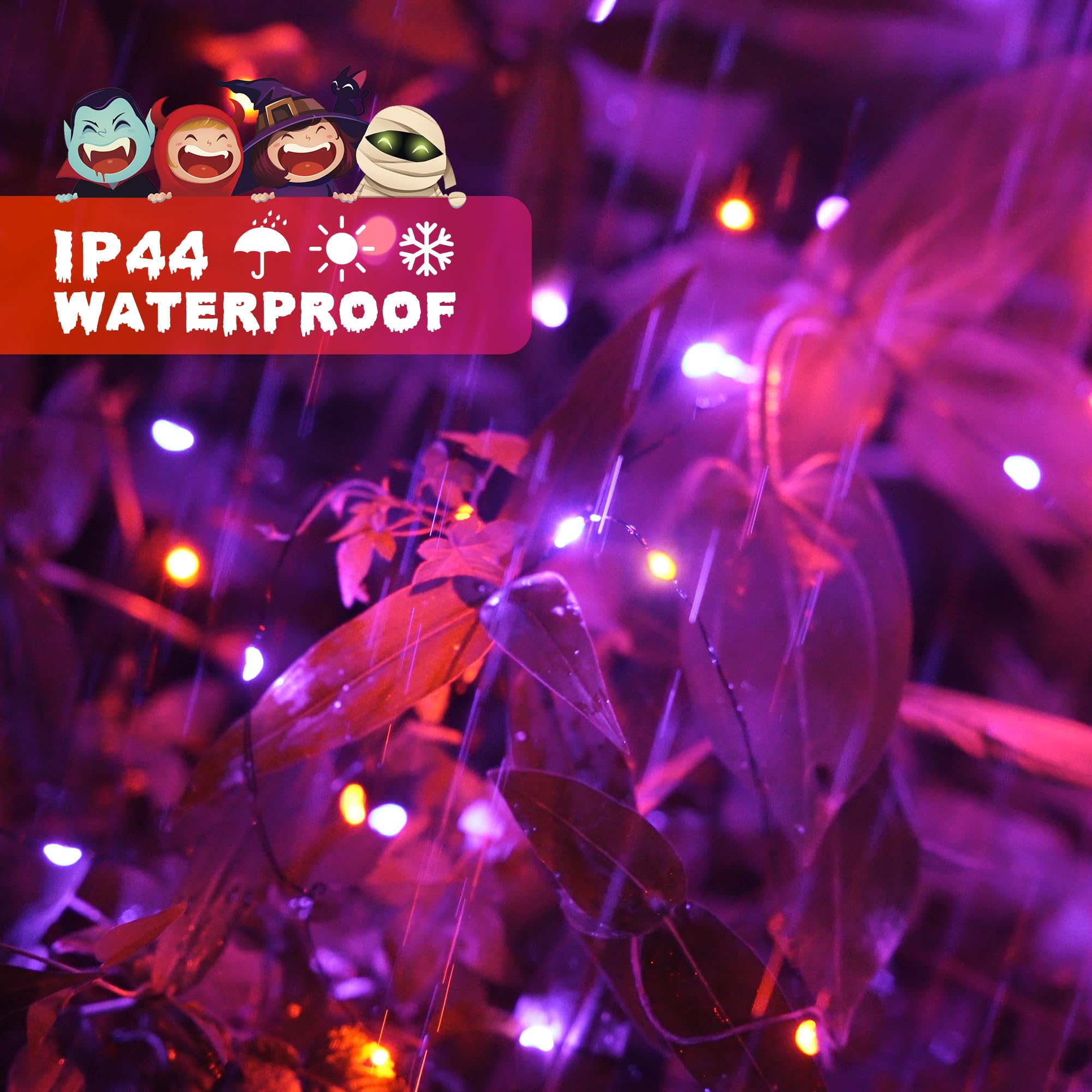 JMEXSUSS Halloween Fairy Lights, 200 LED 66ft, Battery Operated, 8 Modes, 2 Pack, Orange & Purple, Model a4612e84-463d-