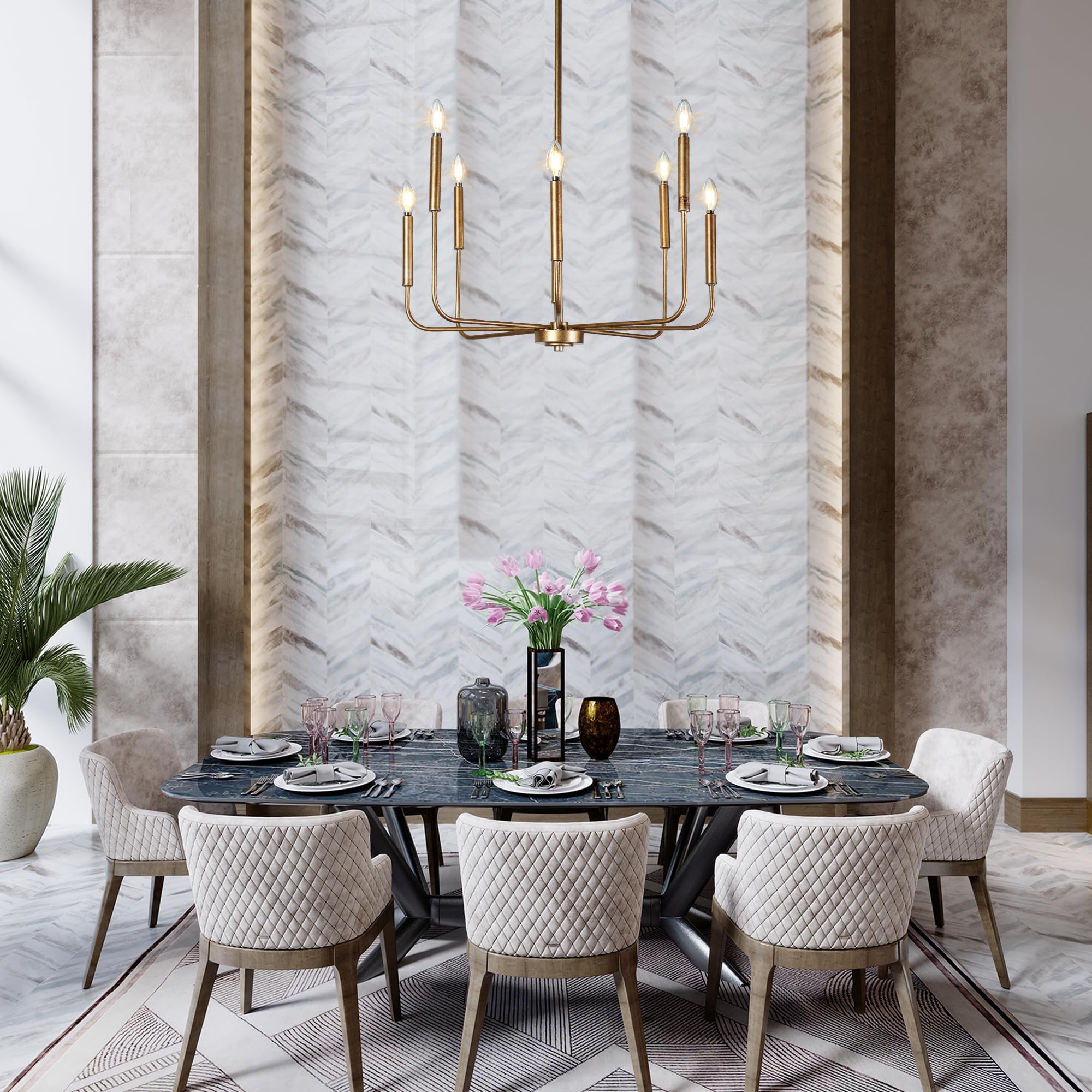 Laluz Champagne Antique Gold Chandelier, 8-Light Modern Farmhouse Dining Room Chandelier Over Table, 27'' Aged Brass Chandeliers