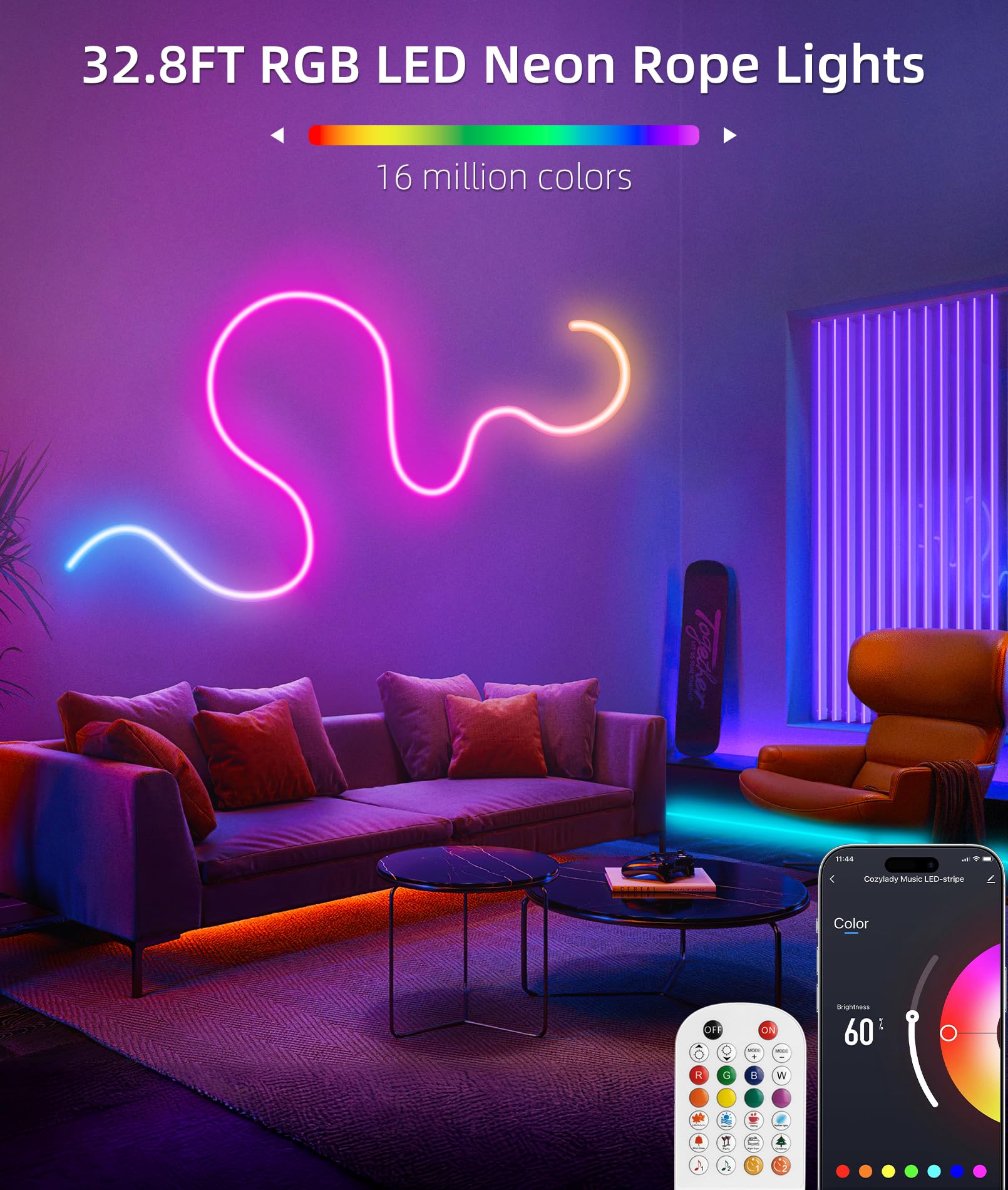 Lamomo Led Neon Rope Lights 32.8Ft, Rgb Led Strip Lights Control With App/Remote, Music Sync Color Changing Waterproof Flexible