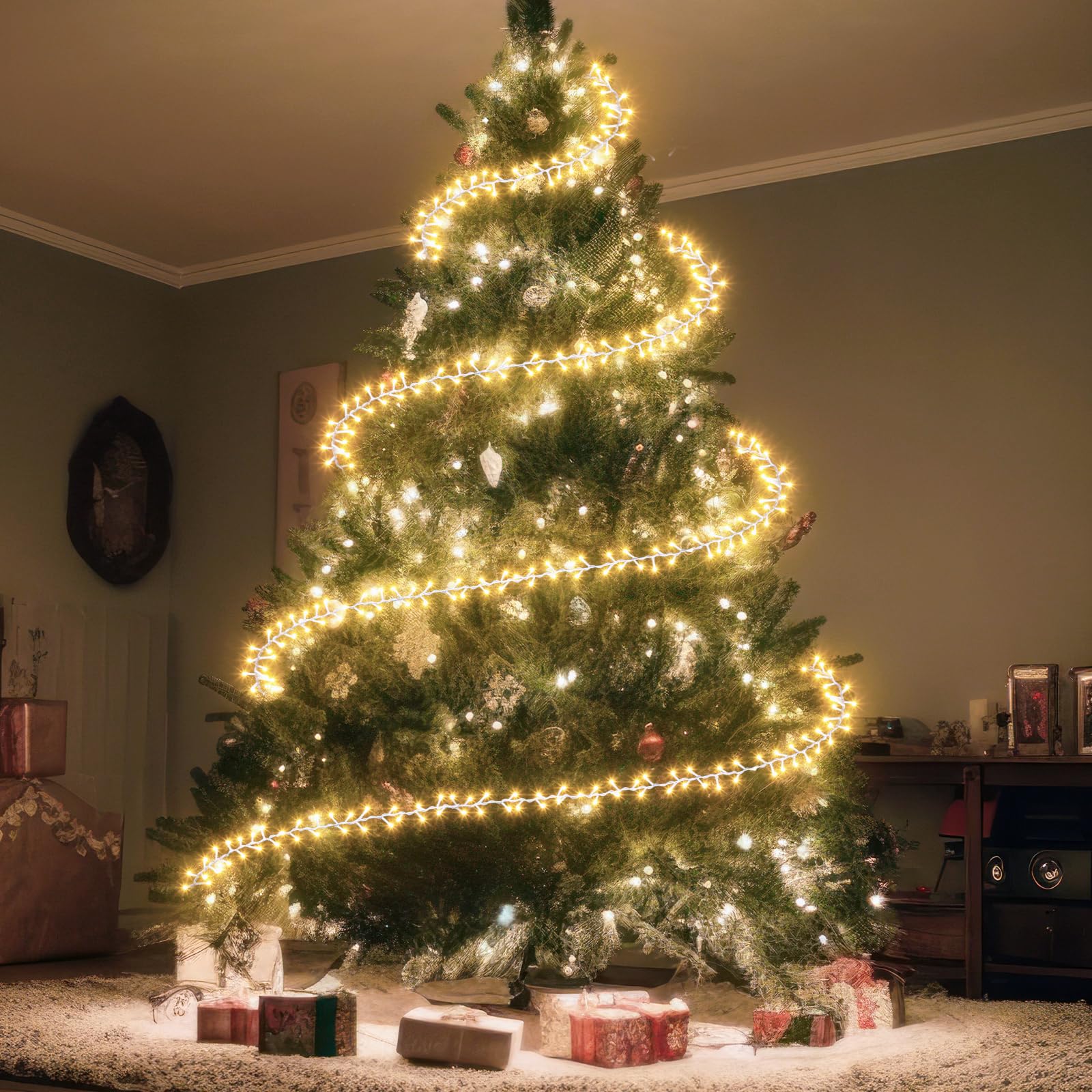 Mudder 49 ft Christmas Tree Garland Lights with Metal Wire Ring 300 LED Fairy String Lights 8 Modes Twinkle Light Battery Operat