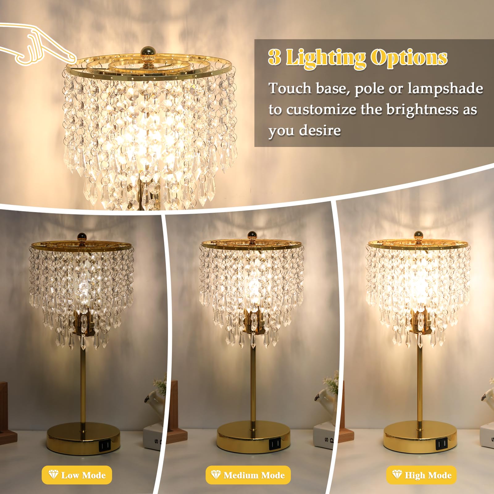 Seaside Village Touch Control Crystal Table Lamp, 3-Way Dimmable Gold, Dual USB Ports, 6W LED Bulb Included, Model 13047