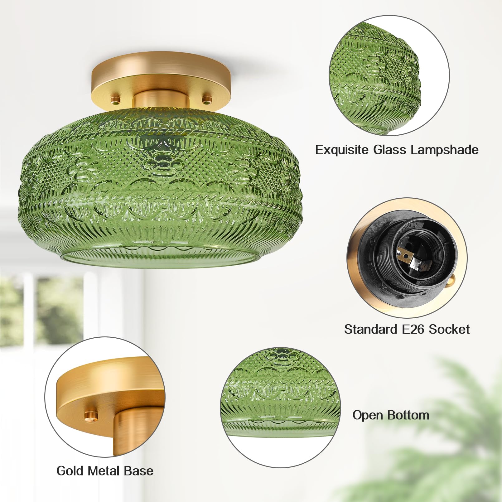Apoto Semi Flush Mount Ceiling Light Fixture Green,Vintage Hallway Light Fixture Ceiling,Globe Glass Light Fixtures Ceiling Moun