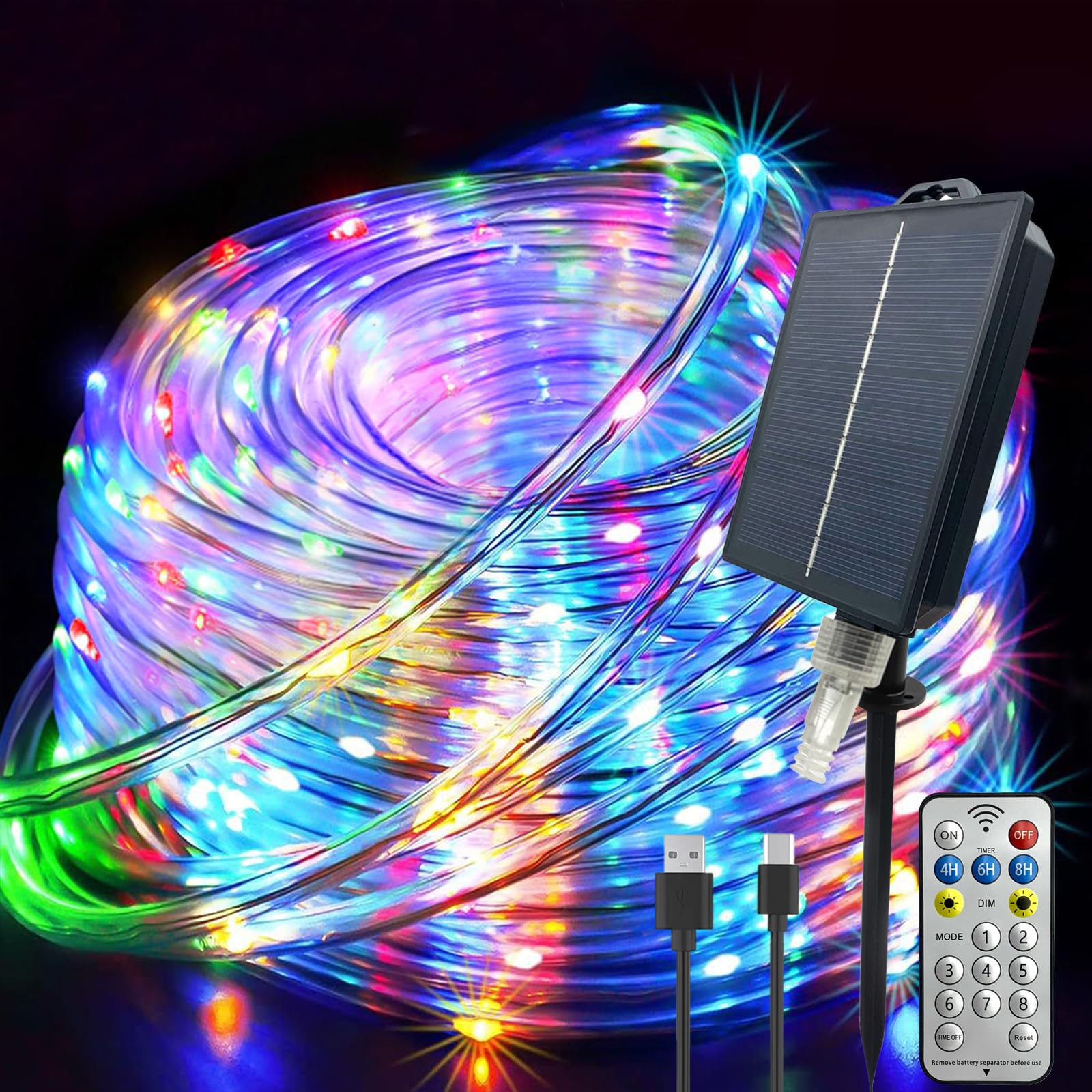 GLPE Solar String Lights, 66ft 200 LED, Multicolor, USB & Solar Powered, Waterproof, Model SL-004