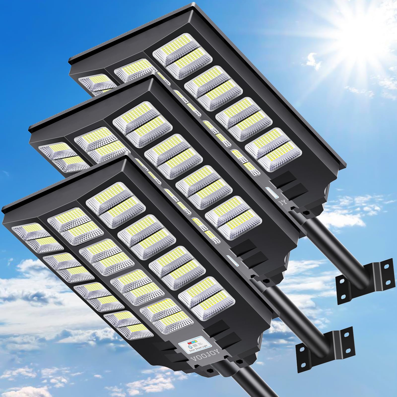 Voojoy 8000W Solar Street Light, 3 Pack With Motion Sensor & Remote Control For Outdoor Use