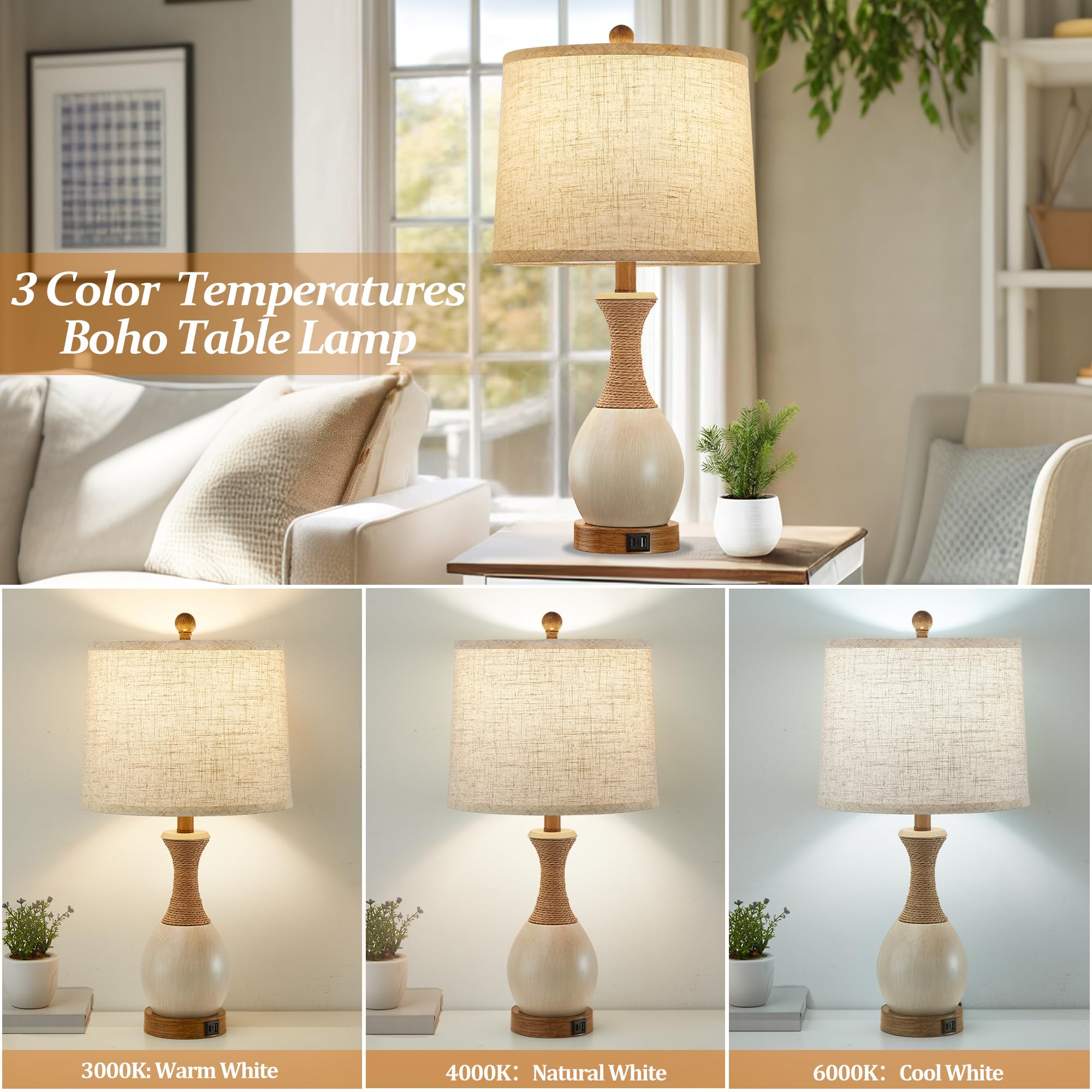 EJIAXIN Table Lamp Set of 2 - Boho Rattan with 3 Color Temperatures, USB Charging Ports, White - Bedroom Nightstand Lighting