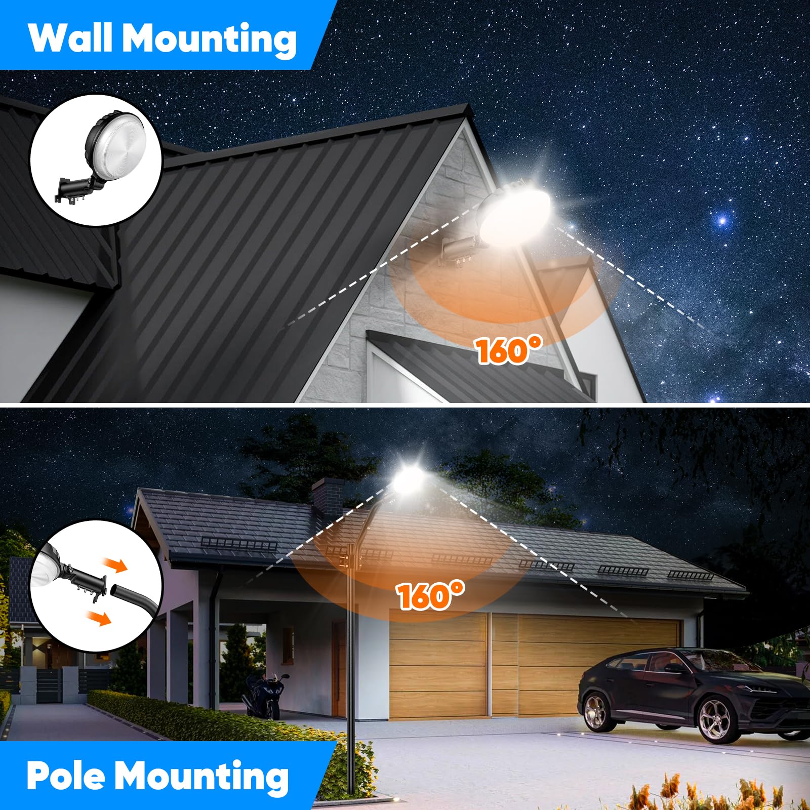 Kondras 2-Pack LED Barn Lights 24000LM, 150W, IP66 Waterproof, 6500K, Adjustable Head Security Light, Black, Model GCD-01