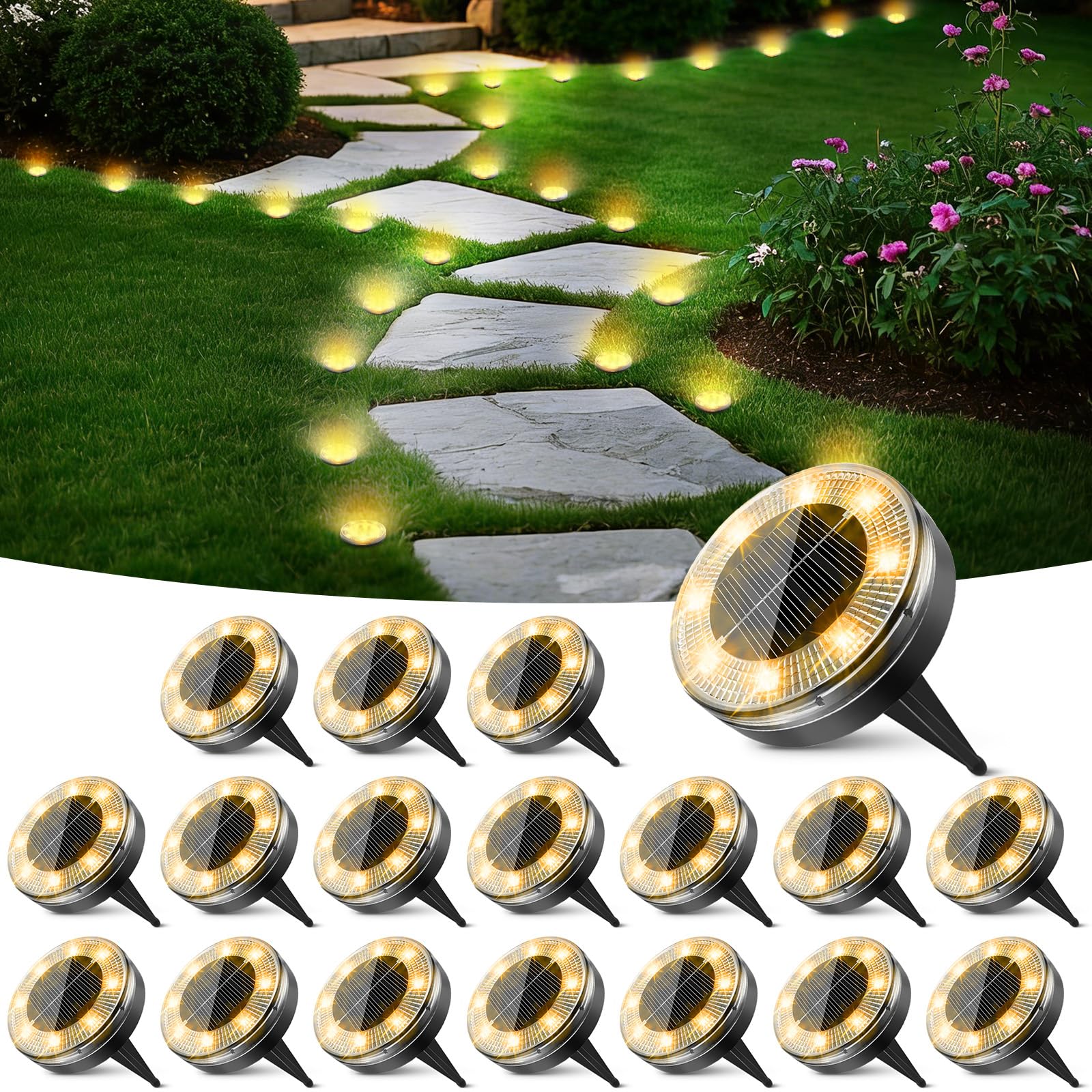 Peasur Mini Solar Ground Lights  18 Pack Flat Solar Disc Lights Outdoor Waterproof  2.3 Inch Small Solar Garden Lights Landscape Lighting for Outside Pathway Garden Yard Lawn Walkway Warm White