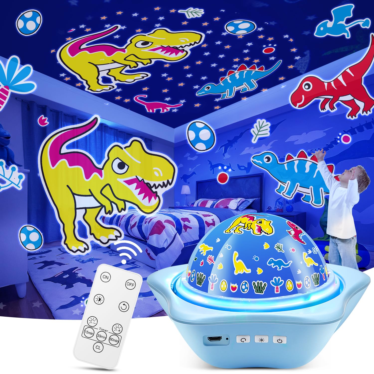 One Fire Dinosaur Night Lights for Bedroom,Upgrade 6 Films Star Projector Lights for Kids Room,Remote 360° Silent Dimmable Night Light Projector,Rechargeable Timer Dinosaur Room Decor for Boys Gifts