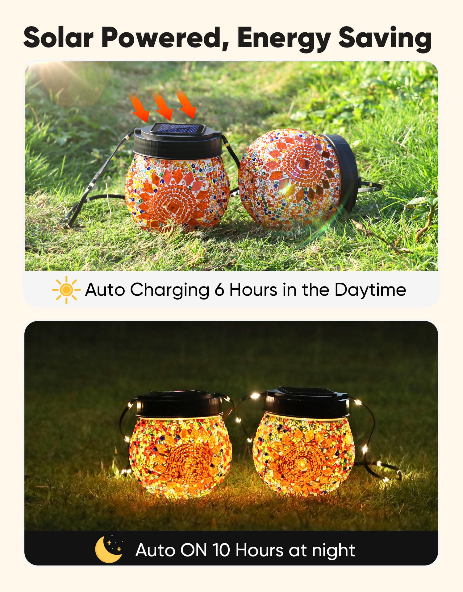 PARTPHONER Mosaic Solar Lights - 6 Pack, Waterproof Glass Globe Lanterns, Orange, Model PASO061AY6, Ideal for Garden & Patio Decor