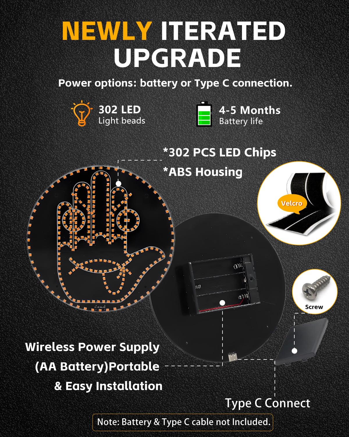 GSOWO LED Trunk Gesture Light with 4 Emojis, 11 Modes, Plastic, Model GS-H-BA, Ideal for Car Trunk Cargo Area & Ceiling Lighting