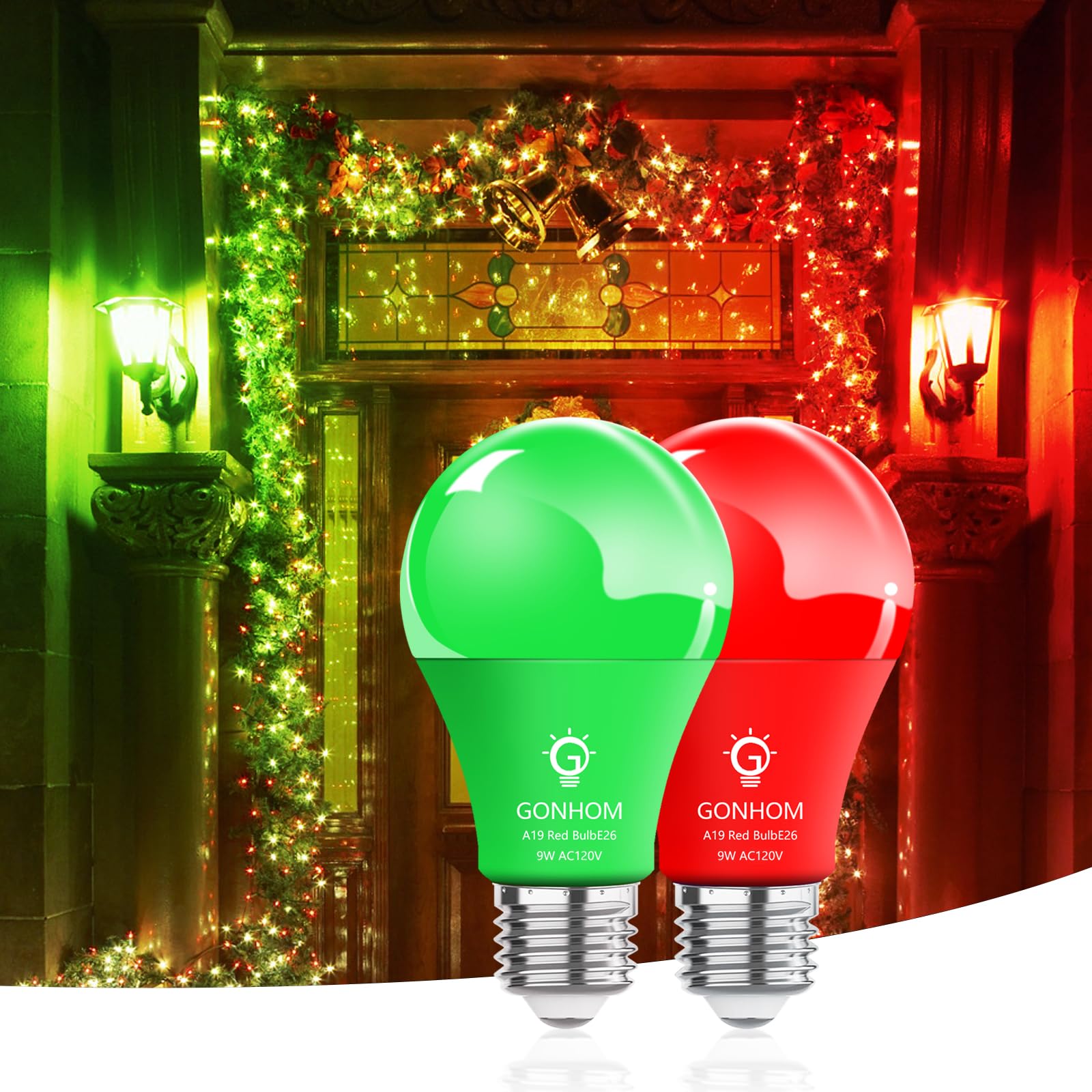 Gonhom A19 LED Light Bulbs, 9W Equivalent to 100W, Red & Green, E26 Base, 2 Pack for Party & Holiday Decoration