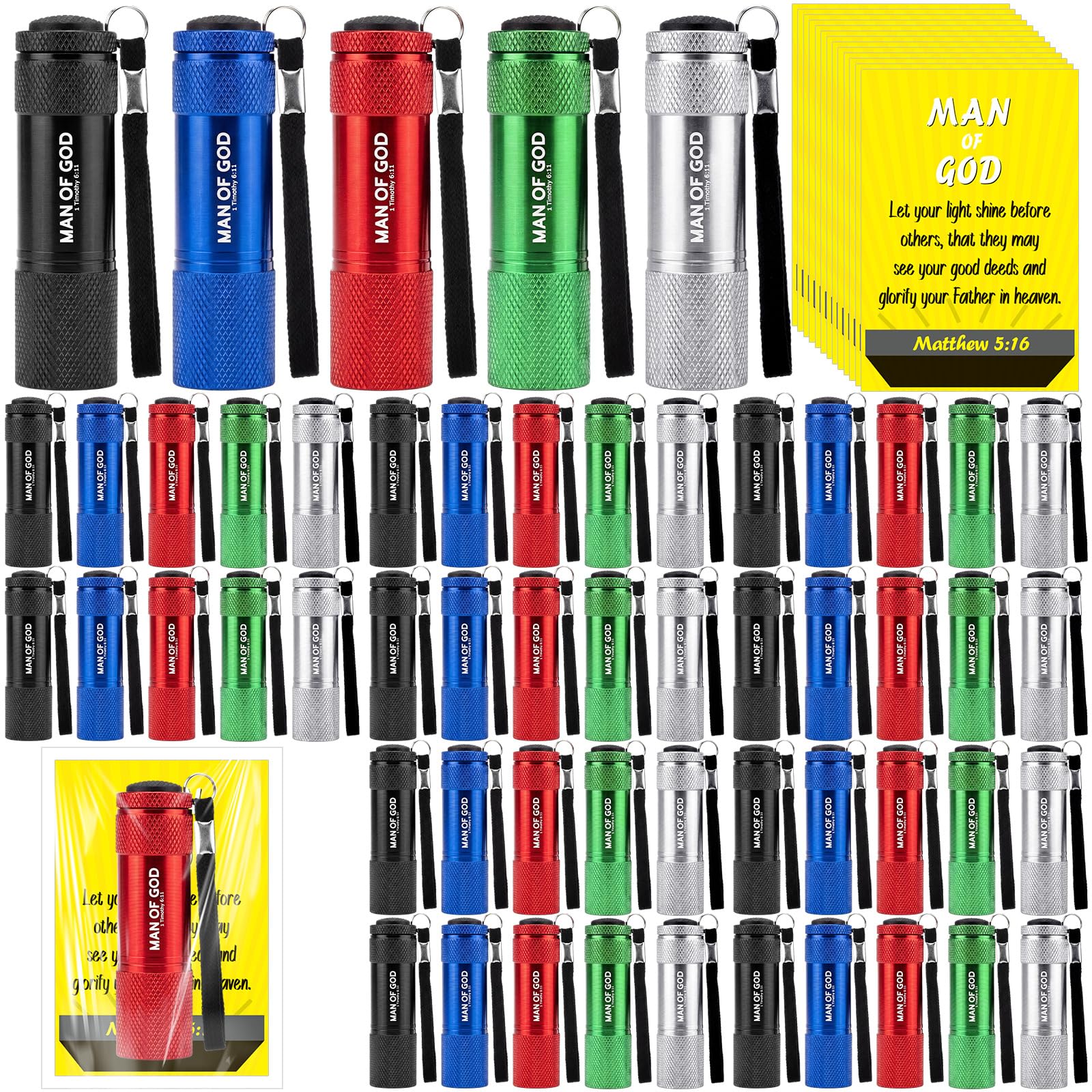Copkim 50 Sets Man of God Gifts Mini Flashlights Bulk Bright Aluminum 9 LED Handheld Flash Light with Christian Bible Verse Card