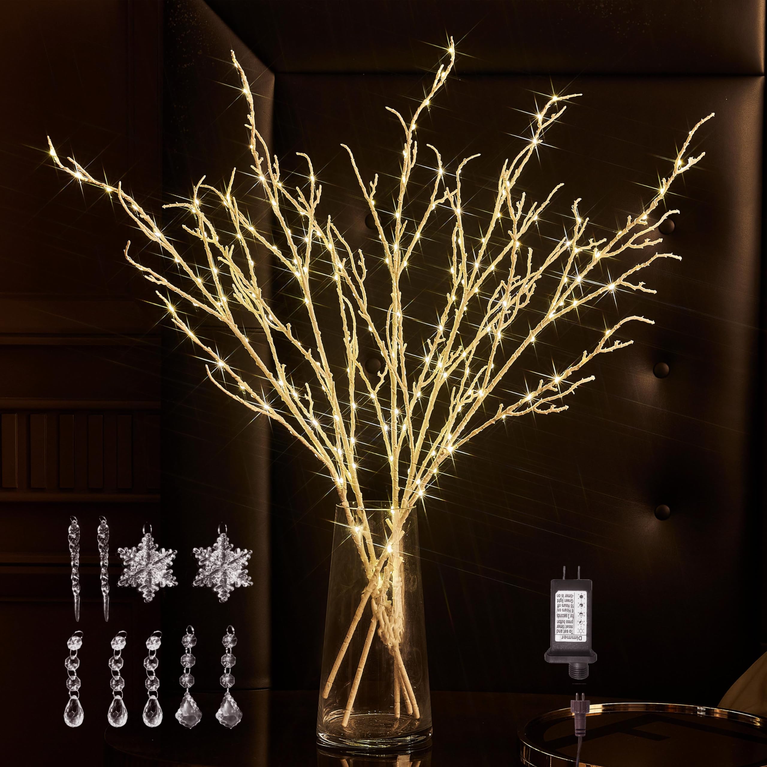 BAOLITVINE Lighted White Twig Branches 32IN 200 Warm White Fairy Lights, Lighted Willow Branches Plug in with Timer, Dimmer for 