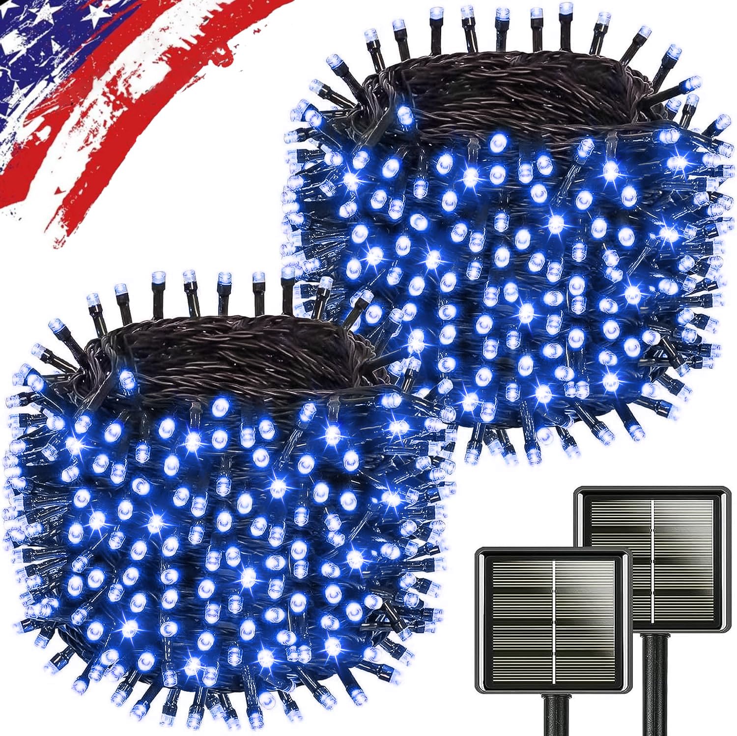 KAQ Solar String Lights 500LED 180FT 2 Pack, IP65 Waterproof, 8 Modes, Blue, Plastic