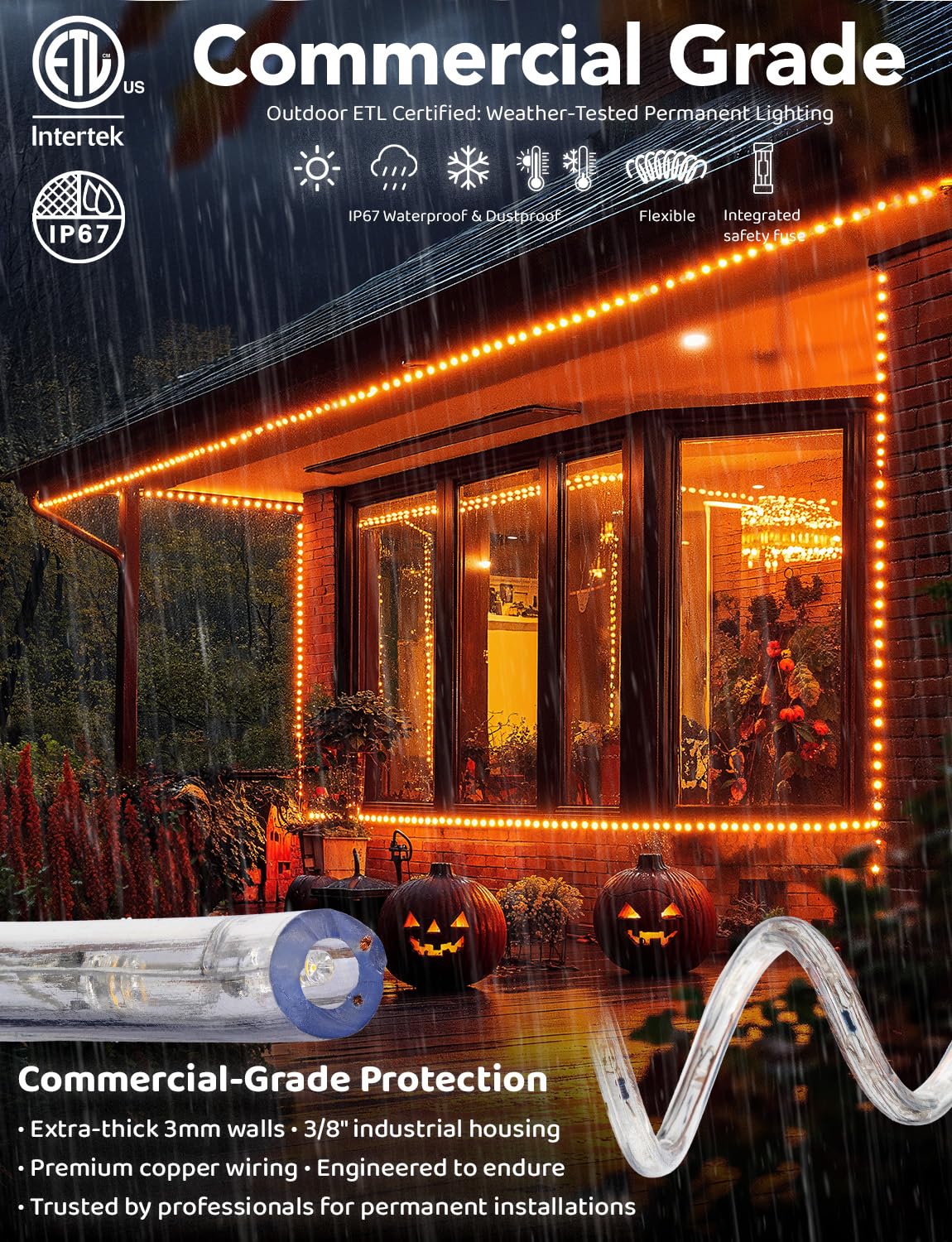 Wyzworks 50Ft Led Rope Lights, Permanent Outdoor Waterproof Connectable Flexible W/Clear Pvc Tube, Etl Certified, Festive Holiday Christmas Lighting Garden Accent Lounge Terrace Decor - Orange