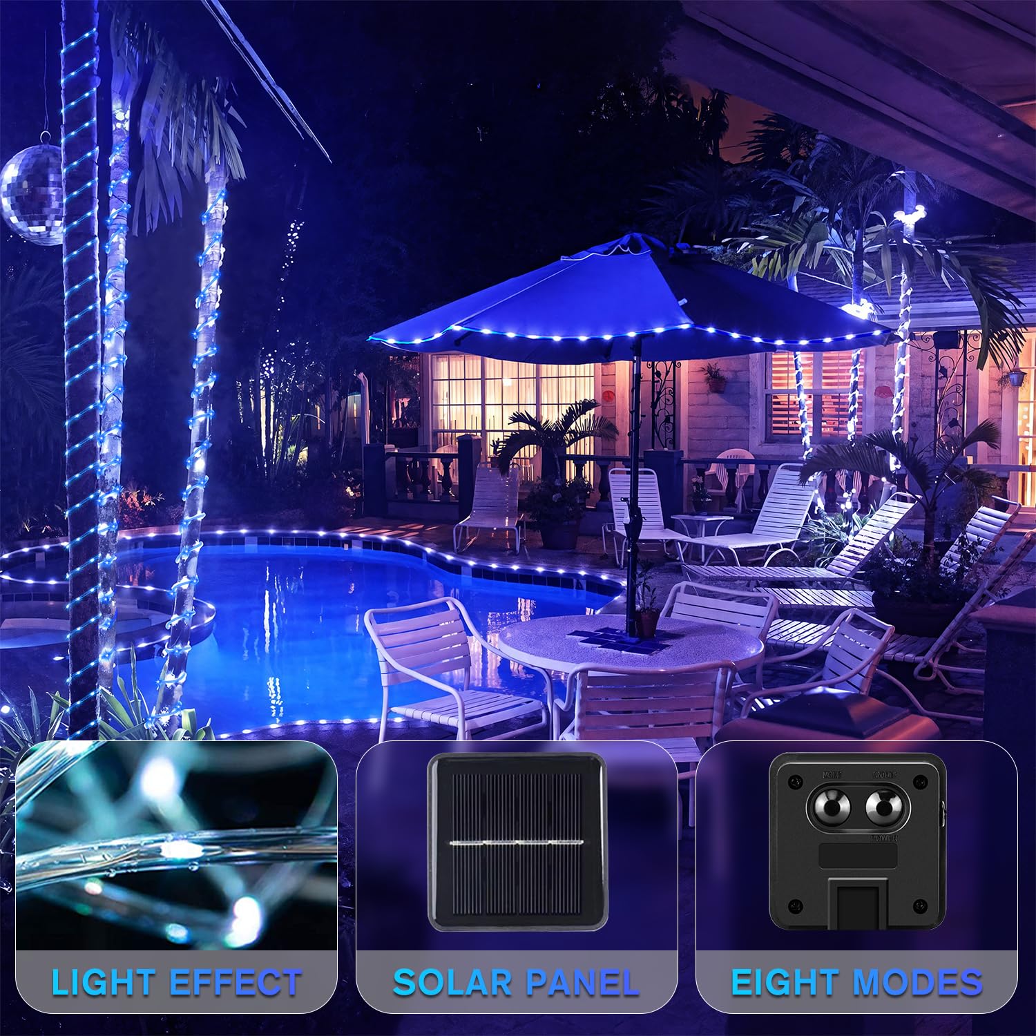 ANJAYLIA Solar Rope Lights, 33FT, 100 LED, Waterproof, 8 Modes, Blue, Model BLUEQZD100