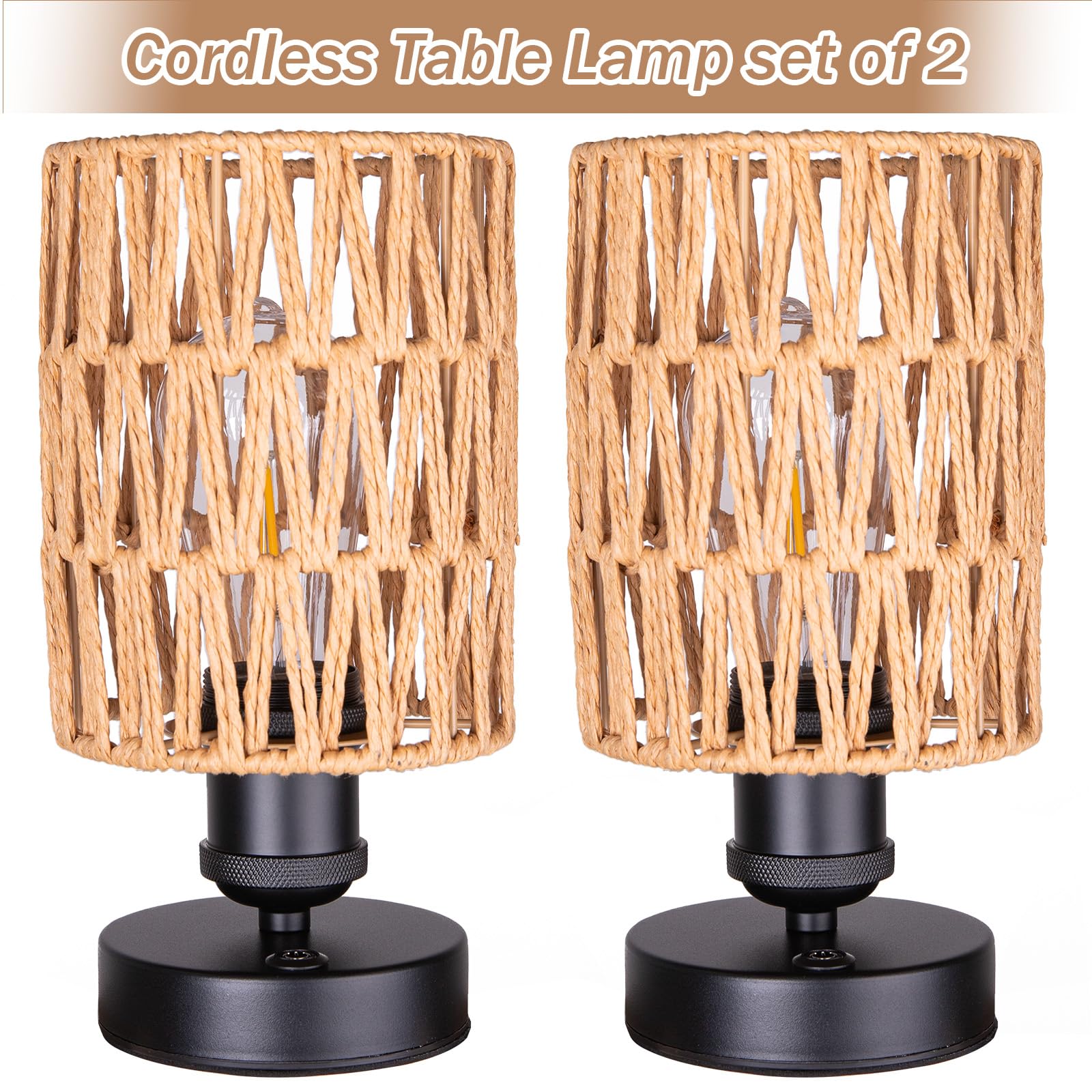 ALL FORTUNE Cordless Rechargeable Table Lamps, Dimmable Battery Operated Set of 2, Beige for Patio, Living Room, Bedroom - Bulb Included