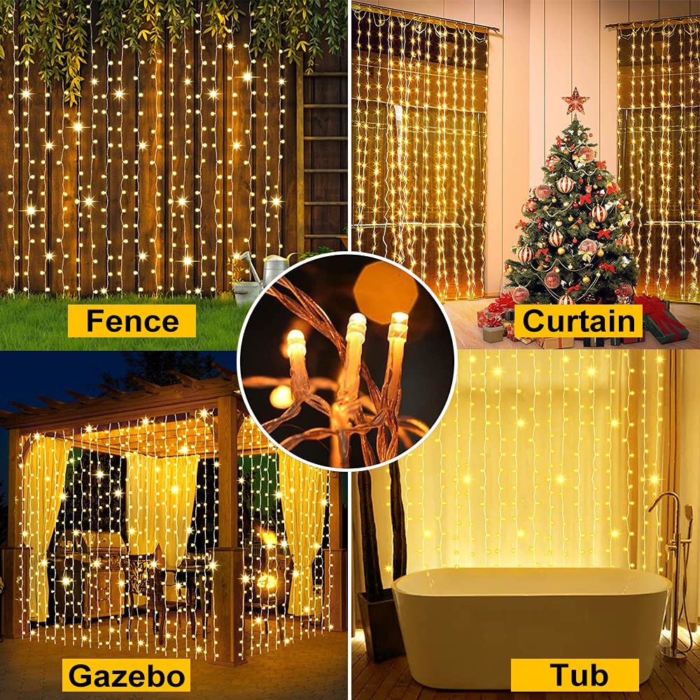 Whywhife Solar Curtain Lights 300 LED Waterproof Fairy String Lights, 8 Modes, 1 Pack, Warm Color for Outdoor Garden Decor