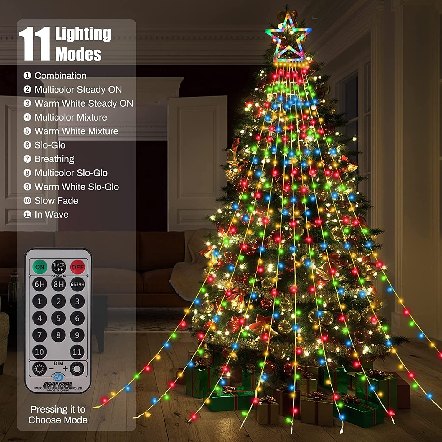MZD8391 320 LED Color Changing Outdoor Star String Lights, Waterproof, 11 Modes, Warm White & Multicolor, Model QL300AE