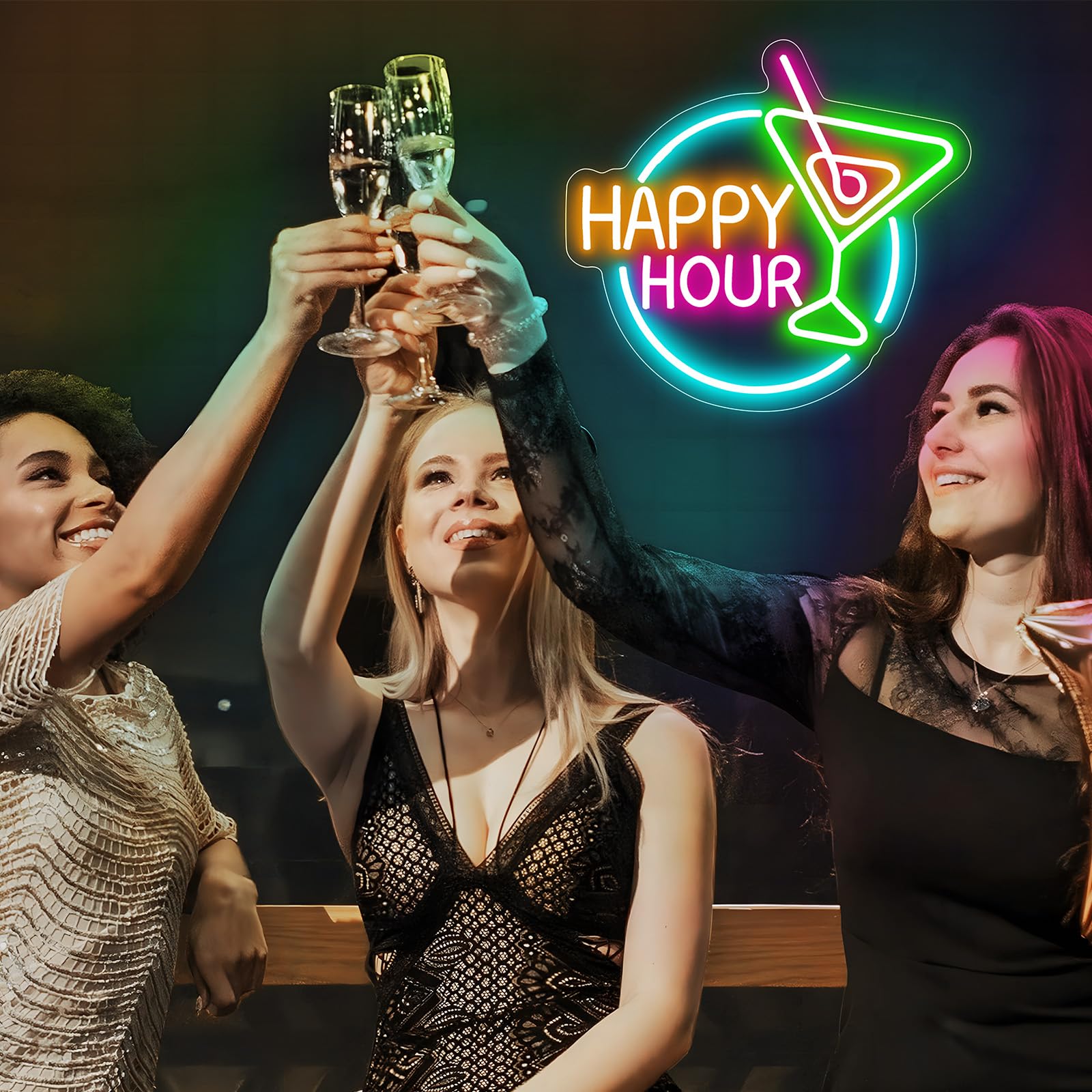 Basaneon Happy Hour Neon Sign Dimmable Led Happy Hour Neon Bar Signs For Home Bar, Usb Powered Bright Cocktails Happy Hour Neon Signs For Wall Decor Bar Pub Man Cave Party Art Decor(14.1*12.5Inches)