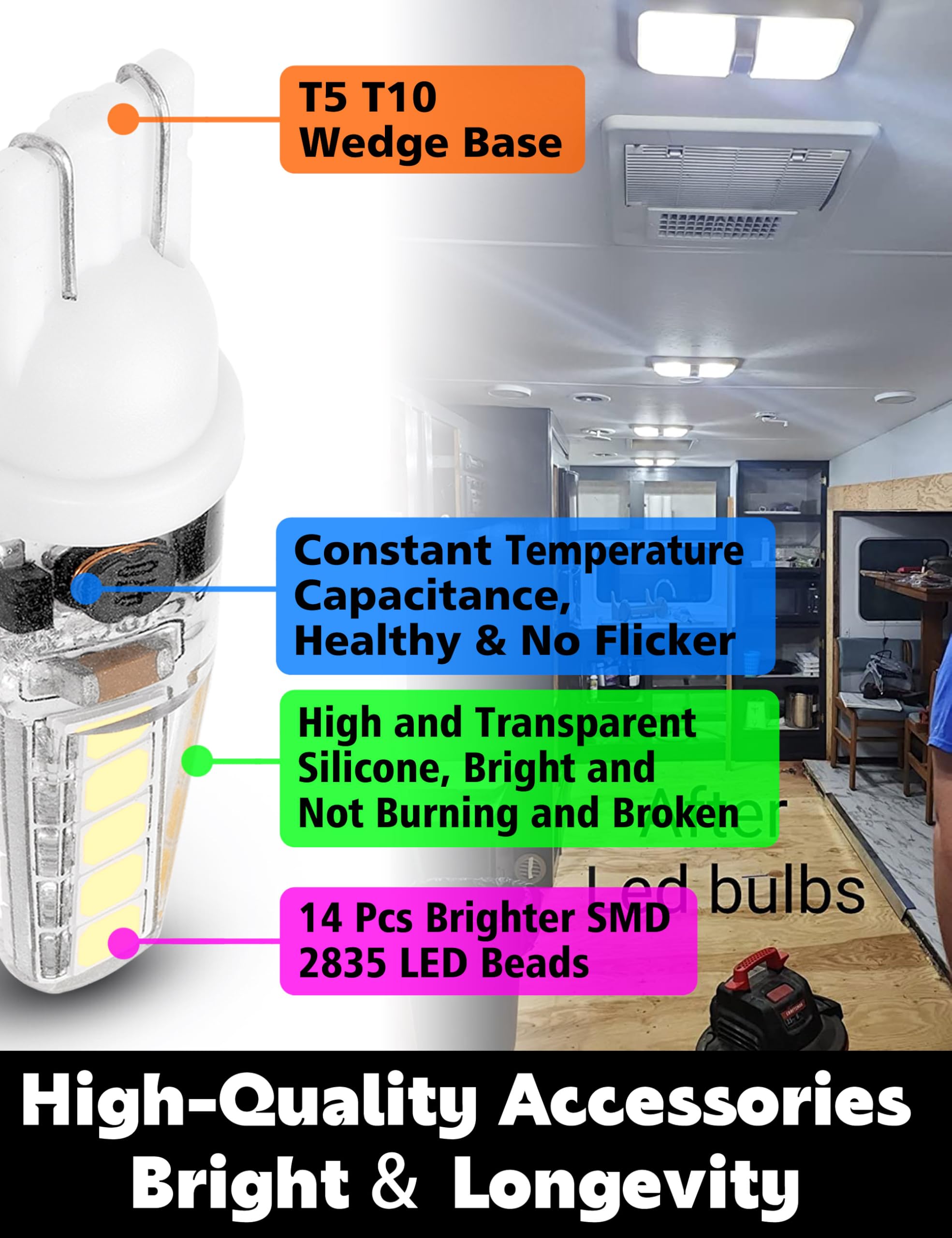 Xyanmc T10 921 922 912 194 168 Led Bulbs Bright White 6000K, 12-24V 300Lm For Rv Camper Trailer Boat Trunk Interior Dome Map Lic