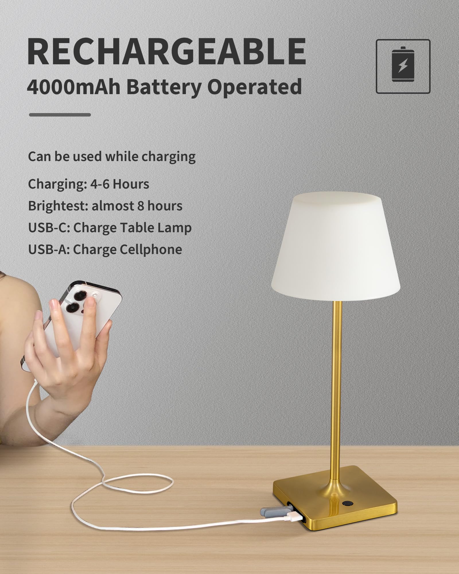 NEWSEE LED Cordless Table Lamp, Rechargeable Dimmable Light, 14.5in, Gold + White PE Plastic, Model AMZ-TBL-007