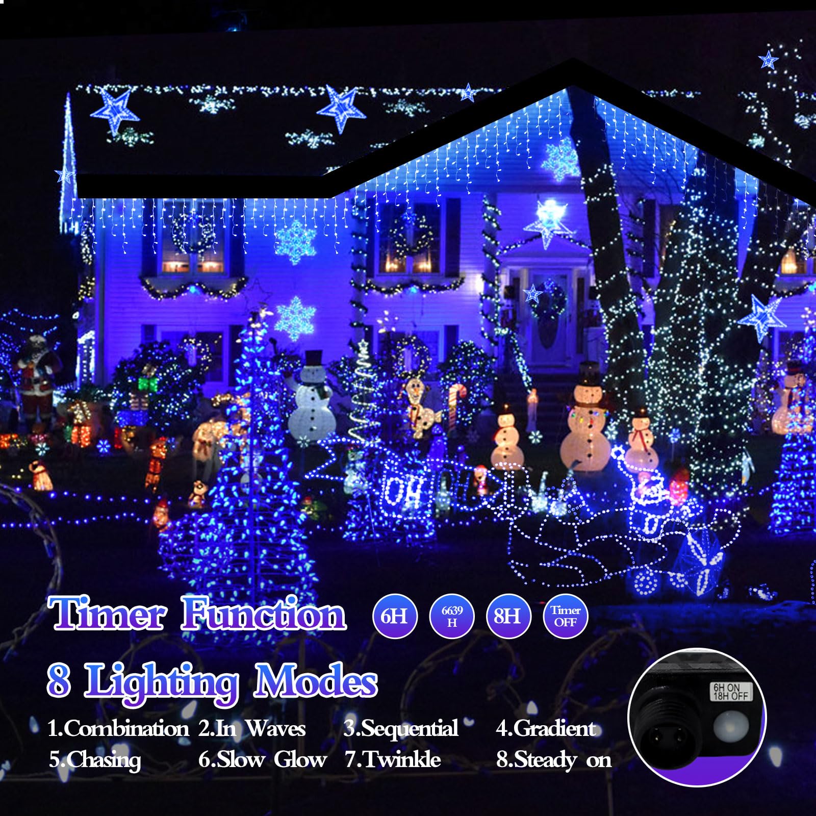 FLVOECN LED Outdoor Christmas Lights, 1600 LED, 164FT, 8 Modes, Timer, Waterproof, Blue, Model BG-CL3M3-306L01