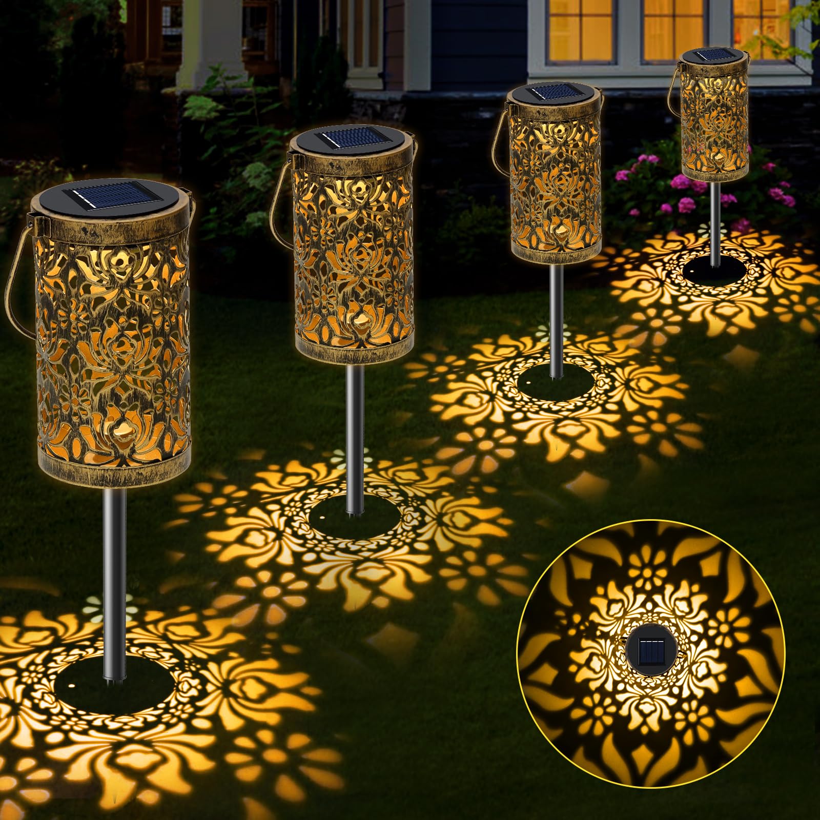 4 Pack Solar Pathway Lights Lights Outdoor  LED Solar Lantern Bright Metal Retro Waterproof  Outside Decorative Rose Hanging Lanterns Solar Powered for Path Lawn Patio Yard Walkway (Rose  4 Pack)
