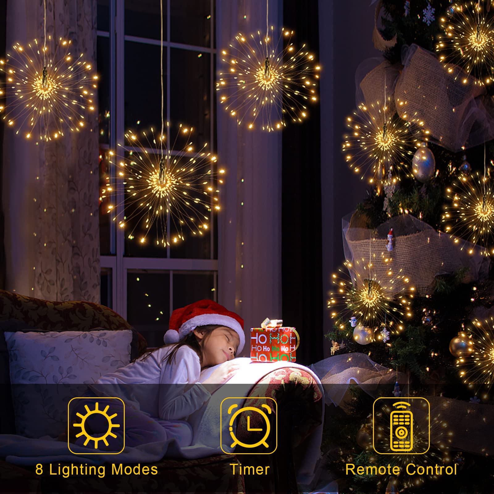 Fooing 8 Pack Firework Lights Led Copper Wire Star String Lights 8 Modes Battery Operated Fairy Lights With Remote,Wedding Decor