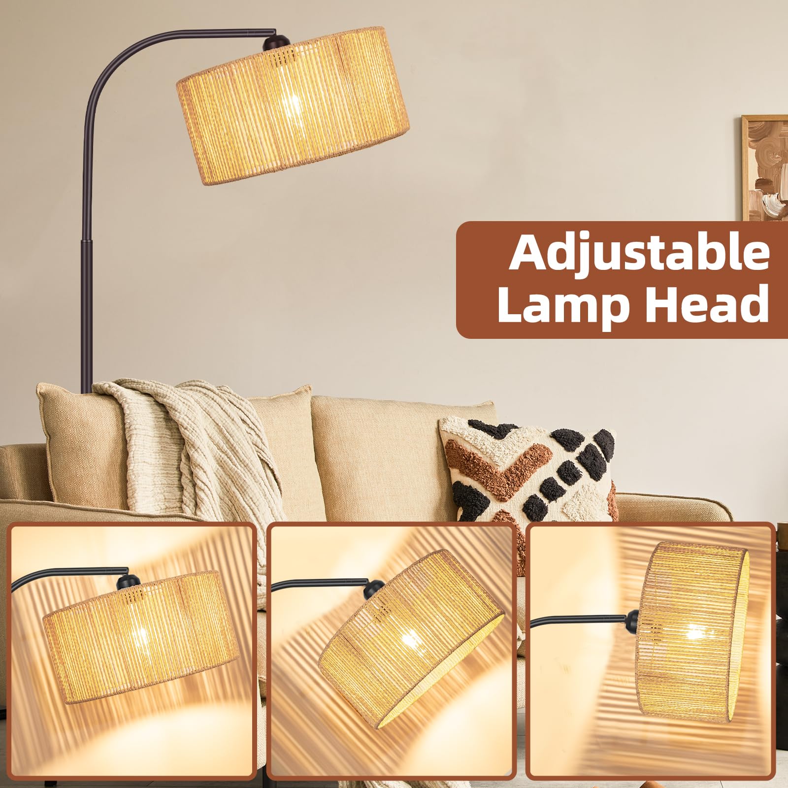 Brilvibera Boho Floor Lamp With Dimmable Bulb Nartual Rattan Adjustable Lampshade, Bronze Rustic Farmhouse Floor Lamps For Living Room, Bedroom, Office, Classroom